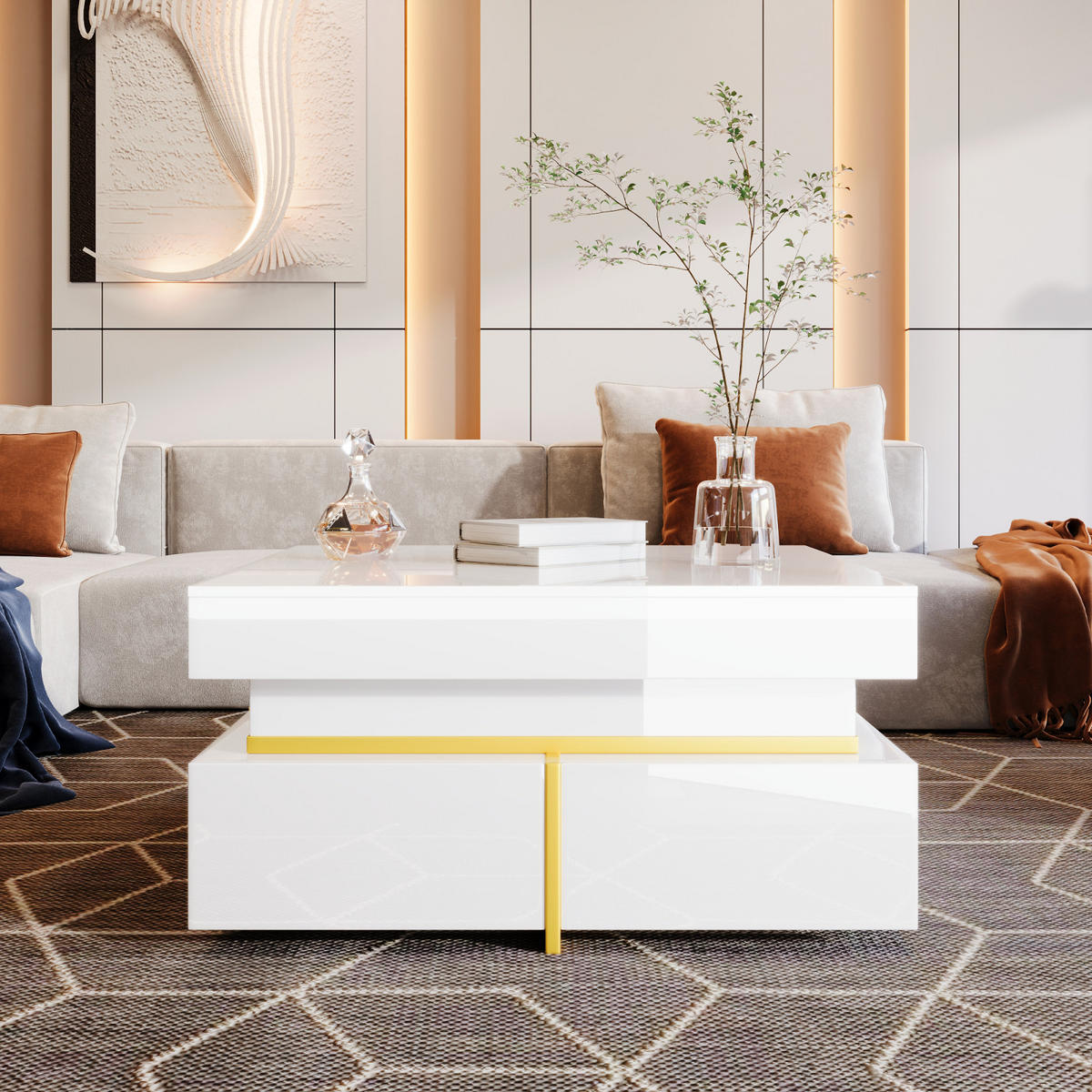 COUCHTISCH Weiß Gold mit 2 Schubladen und goldenen Linien - Weiß, Metall (70/70/35cm)
