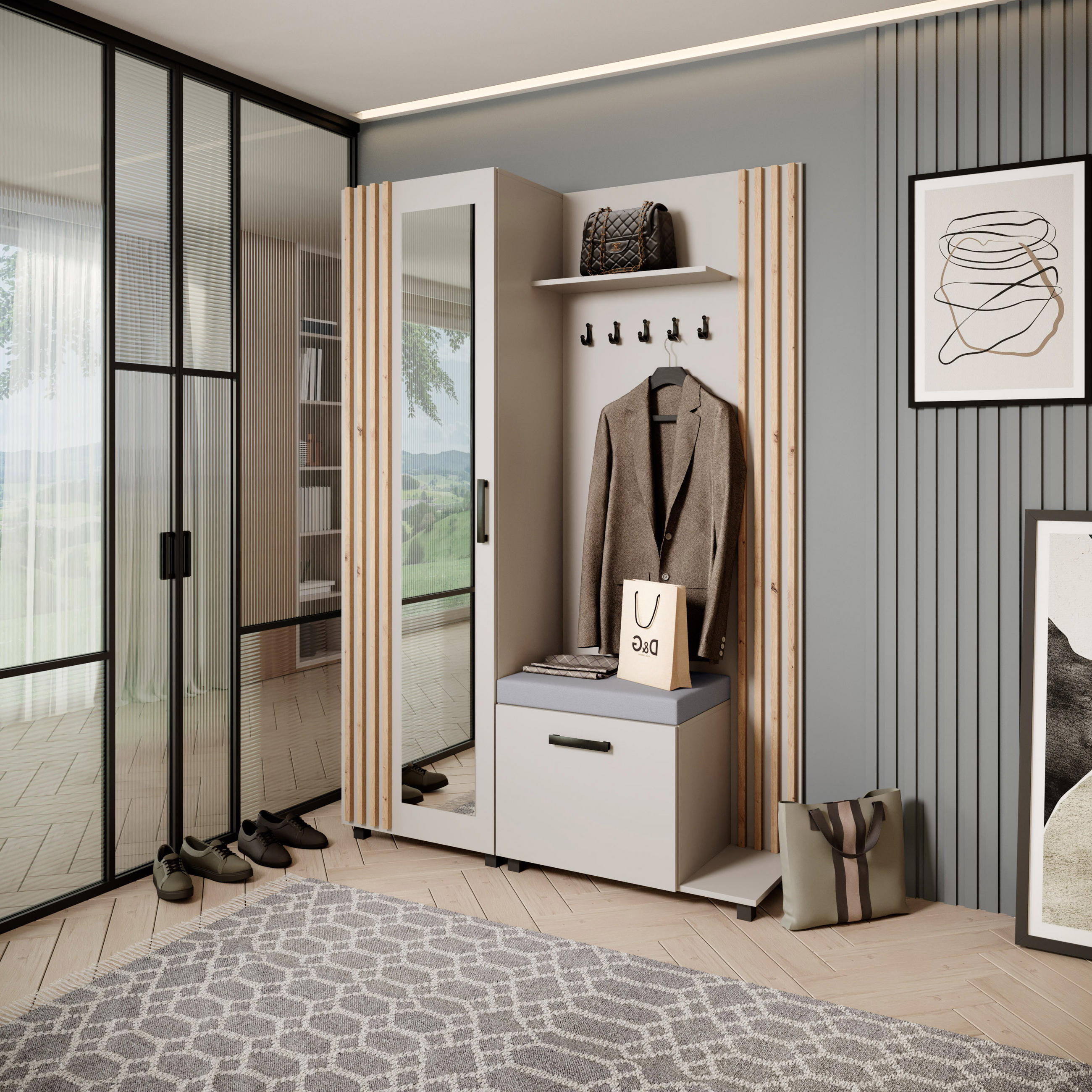 GARDEROBENSCHRANK Livia mit Aufhängern und Spiegel, Kaschmir, rechts - Kaschmir/Eiche Artisan, Holzwerkstoff (137/207/42cm) - Beautysofa