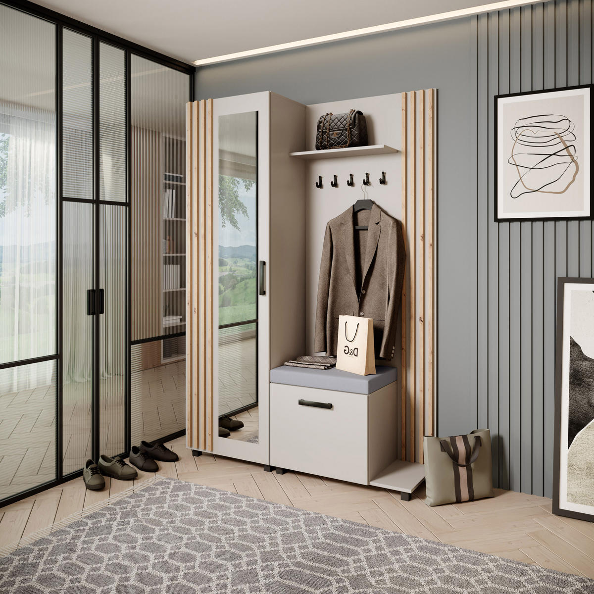 GARDEROBENSCHRANK Livia mit Aufhängern und Spiegel, Kaschmir, rechts - Kaschmir/Eiche Artisan, Holzwerkstoff (137/207/42cm) - Beautysofa