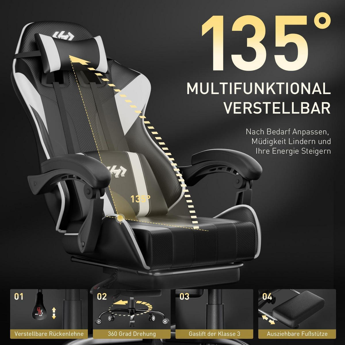 GAMING Stuhl mit Fußstütze Schwarz-Weiß - Multicolor, Kunststoff (70/126/70cm)