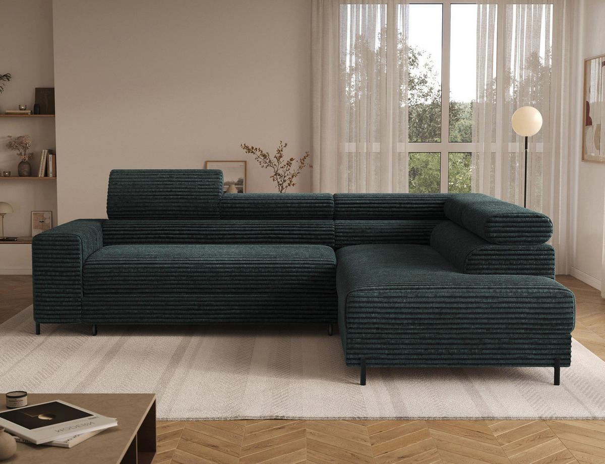 ECKSOFA COLESIO L-Form, Schlaffunktion, Bettkasten, verstellbare Kopfstützen, Wellenfederung, Metallfüße, breiter Cordstoff - Dunkelgrün/Schwarz, Kunststoff/Metall (204/269cm) - Wohnideebilder
