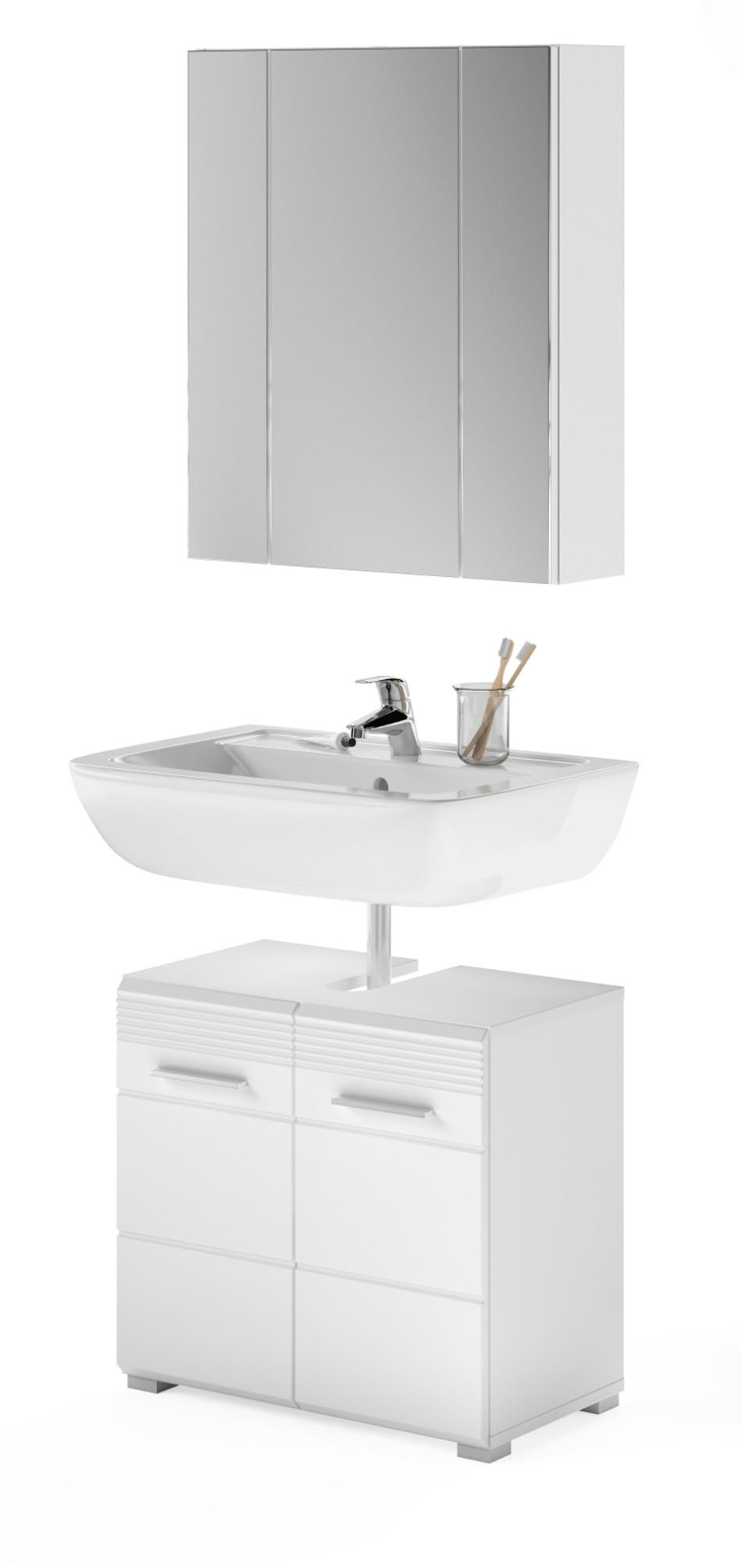 BADMÖBEL-SET weiß Hochglanz, 2-teilig 60 x 182 cm, Badkombination mit Spiegelschrank - Weiß Hochglanz, Glas/Holzwerkstoff (60/182/34cm) - Inn.Furn