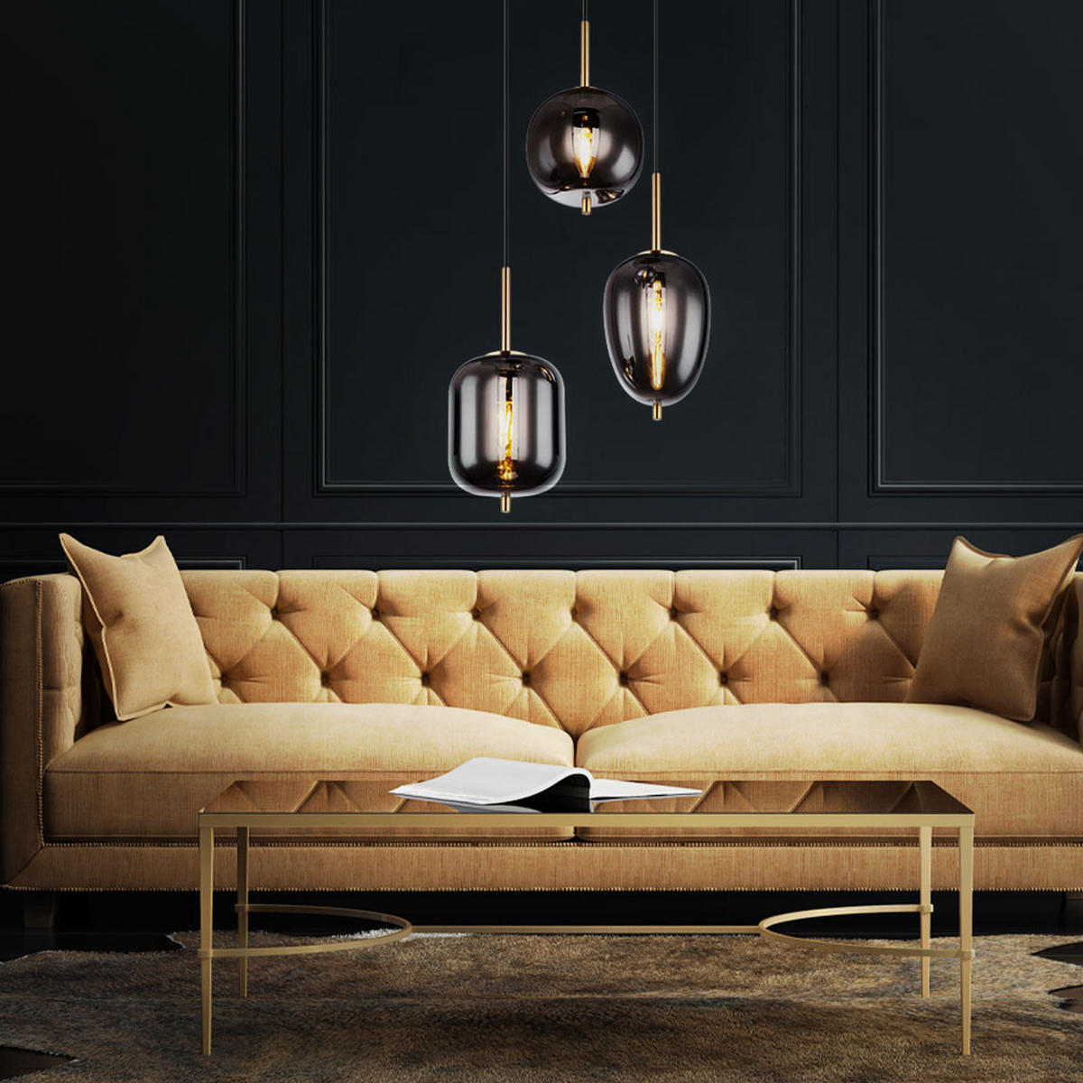 HÄNGELEUCHTE Glas Grau Messing - Grau, Glas (46/46/120cm) - Globo Lighting