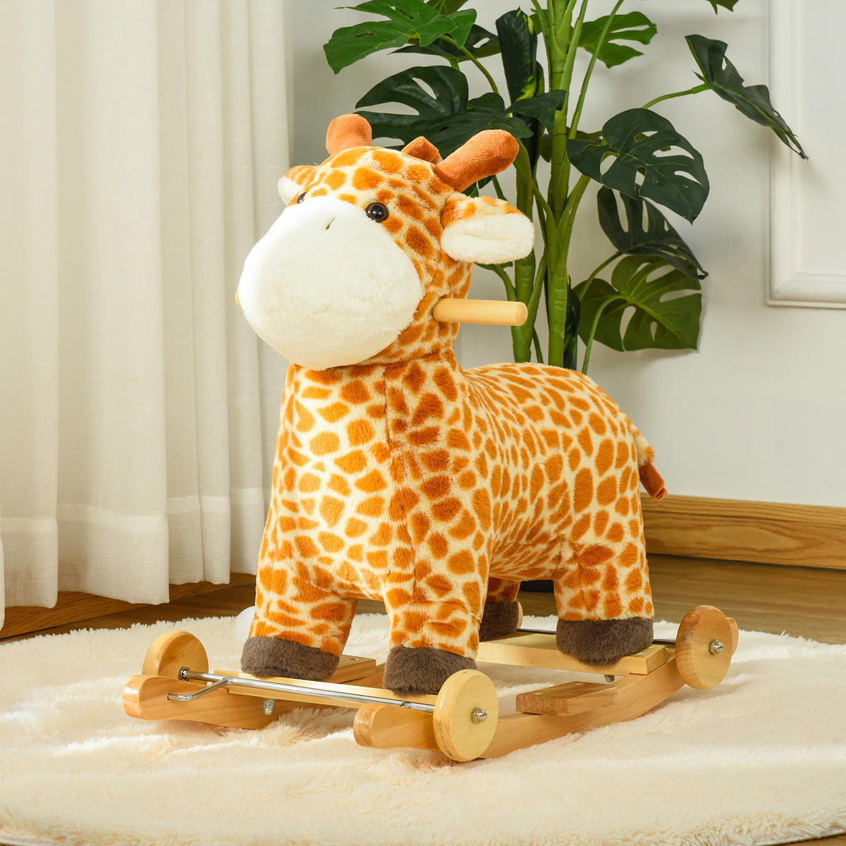SCHAUKELPFERD 2-IN-1 Schaukeltier Babyschaukel Spielzeug Giraffen-Design Geld - Gelb, Holz (38/63/63cm) - HOMCOM