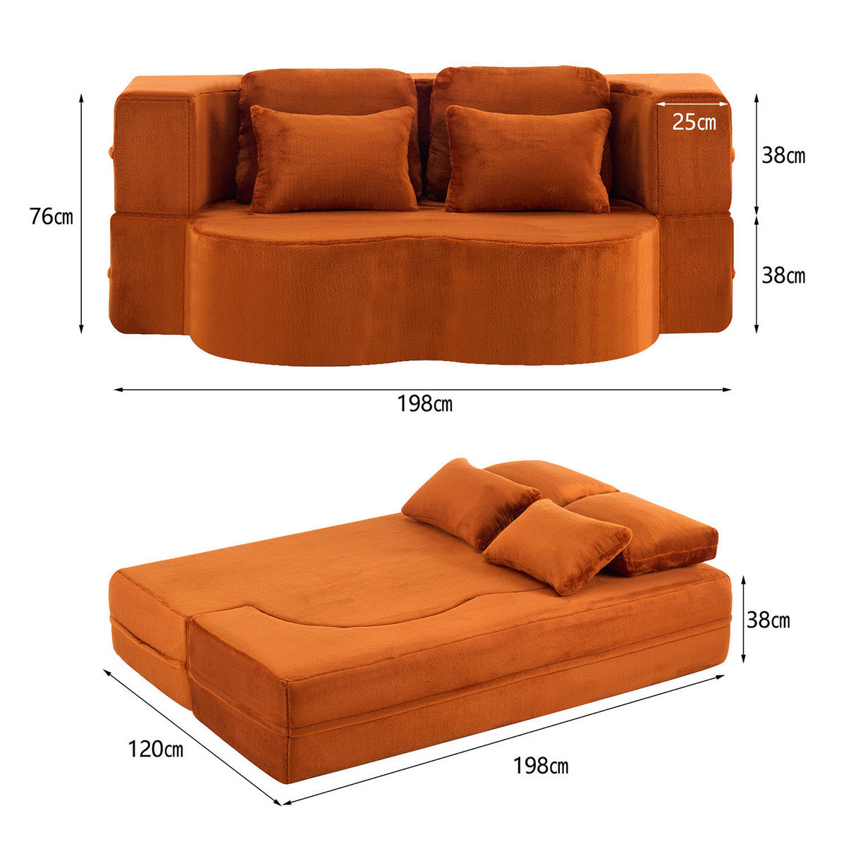 BODENSCHLAFSOFA klappbar mit hochdichtem Schaumstoff, 4 Kissen und vielseitiger Nutzung, Orange - Orange, Kunststoff (198/76/60cm) - Redom