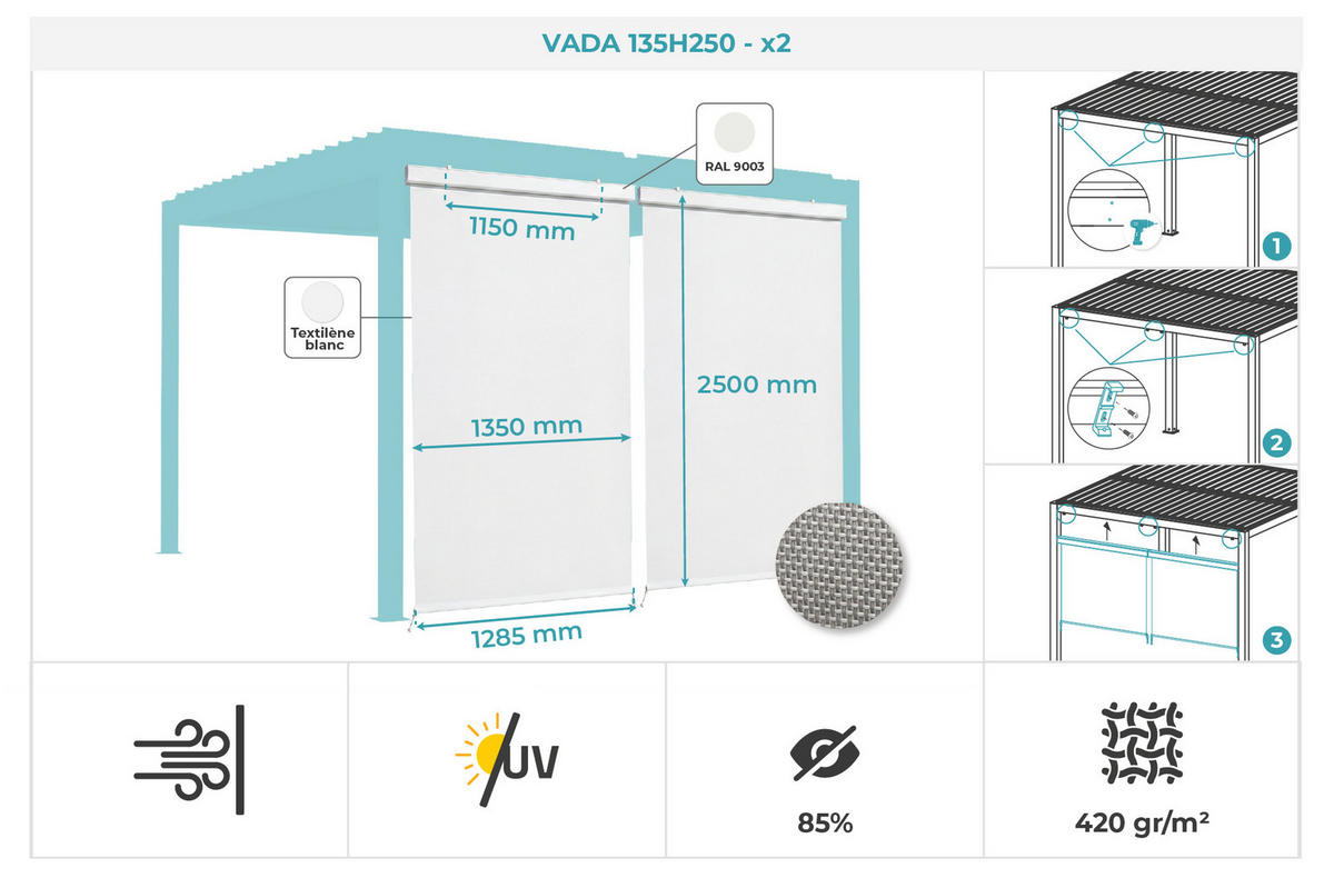 MARKISEN für Pergola VADA 2er-Set, weißes Aluminium, H.250 x B.135cm - Weiß, Metall (135/250/135cm) - Cazeboo