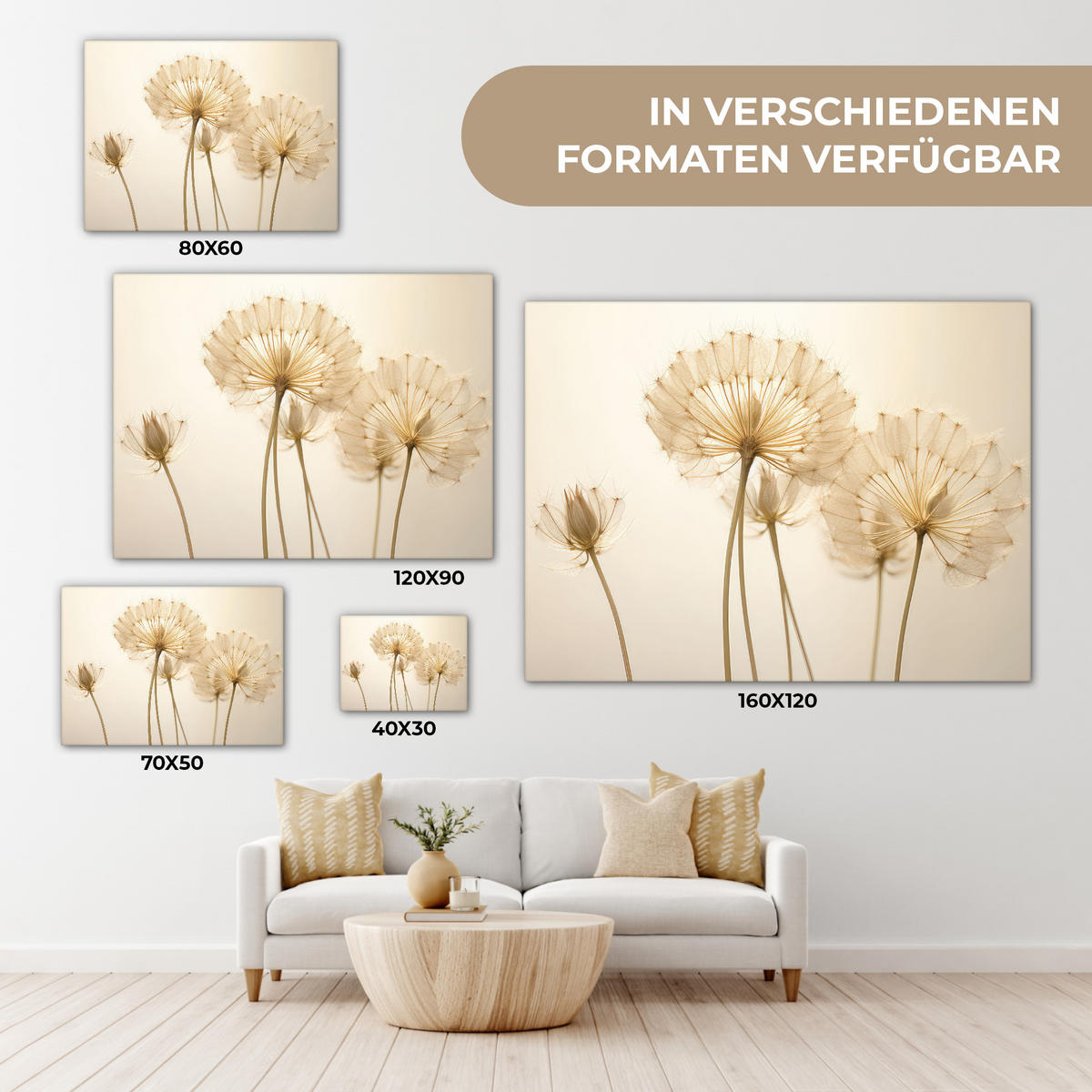 LEINWANDBILD Sonnenlicht - Löwenzahn - Botanisch - Blumen 40x30 cm - Creme, Textil (40/30cm) - MuchoWow