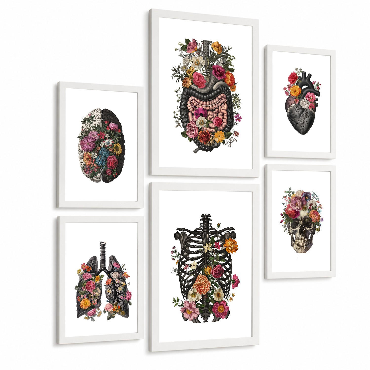 POSTER Set aus 6 Botanische Anatomie Drucke mit Herz Lungen Wirbelsäule Becken und Rippen Beige Terrakotta Erdtöne Florales Weißer Rahmen A3 & A4 - Weiß, Papier (21/29.7/3cm) - Nacnic