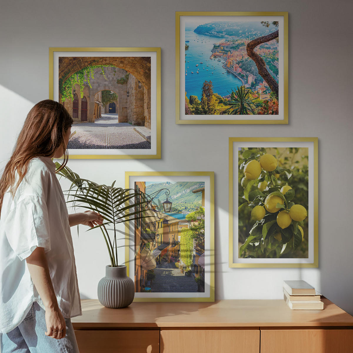 WANDBILDER 4er Set - 50x50 cm & 40x60 cm Goldrahmen - Straßen am Meer, ein Meer aus Zitronen - Goldfarben, Kunststoff (50/50cm) - ArtPrintCave