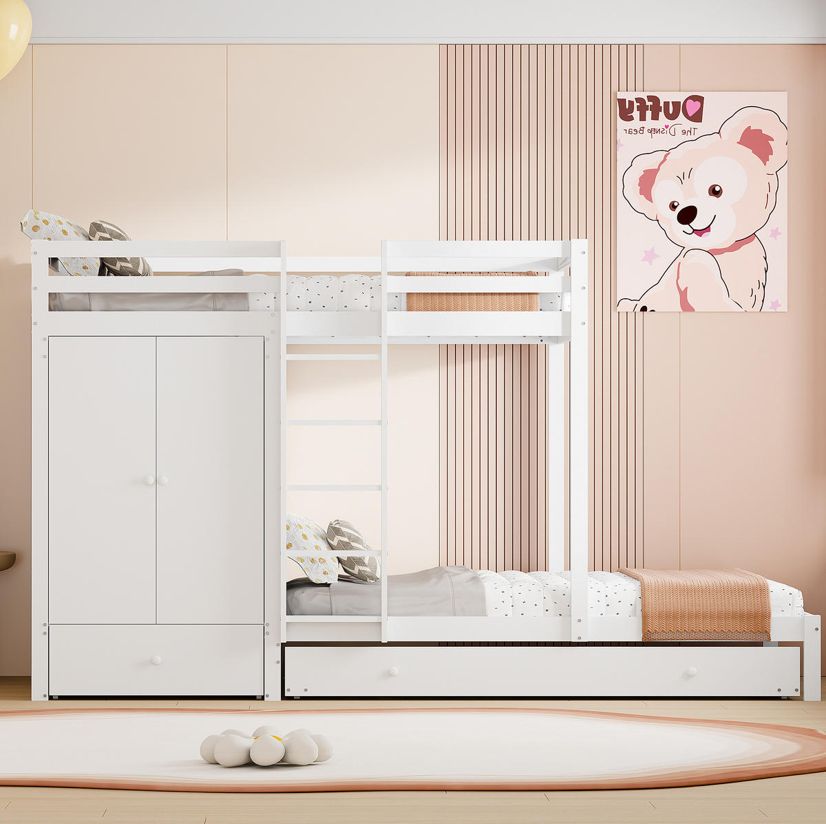 ETAGENBETT aus Holz 90x200 cm Weiß mit Ausziehbett, Kleiderschrank und Schubladen - Weiß, Holz (90/200cm) - IVMEU