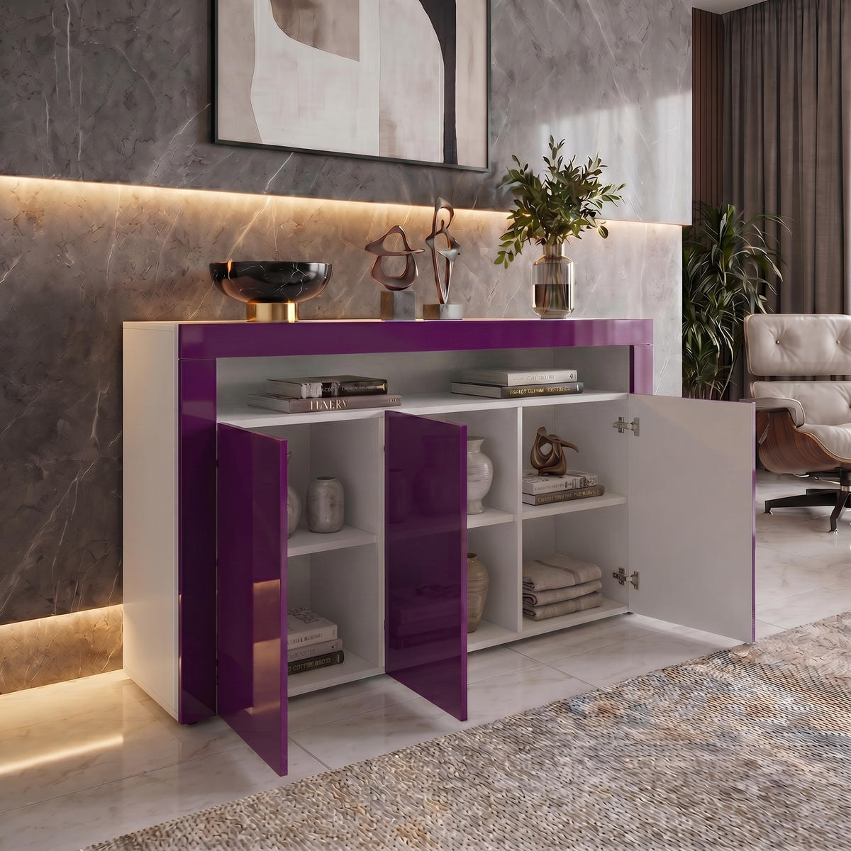 SIDEBOARD Valencia Brombeer Hochglanz / Brombeer Hochglanz - Brombeere, Holzwerkstoff (155/92/40cm) - Vladon