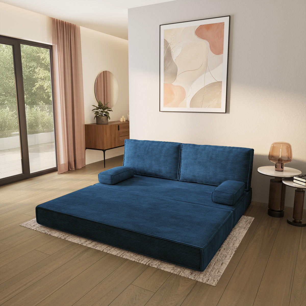 POHOVKA z pěny SILAR s funkcí spaní Manšestrová látka Modrá - modrá, textil (170/86/80cm) - MASSENO