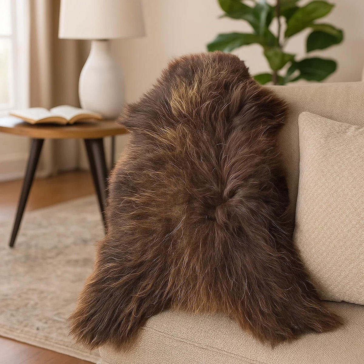 SCHAFFELL Ganzes Island Lammfell Langhaarig Dunkelbraun/Goldbraune Spitzen 100–120 cm - Dunkelbraun/Goldfarben, Fell (70/140cm) - Provellus