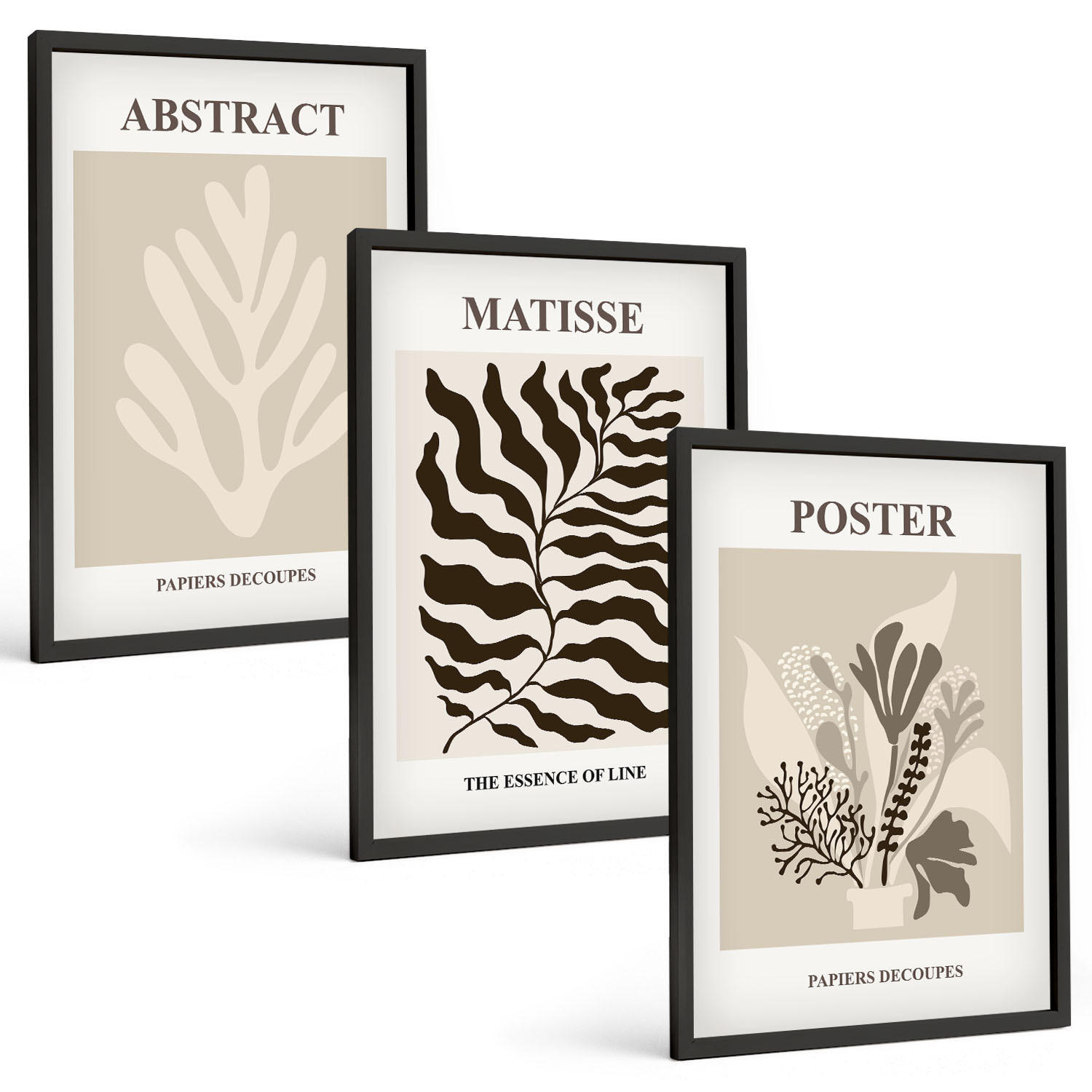 BILDER SET 3er Set - 40x60 cm Schwarzer Rahmen - Beige-braune Pflanzenmuster - Schwarz, Kunststoff (40/60cm) - TULUP