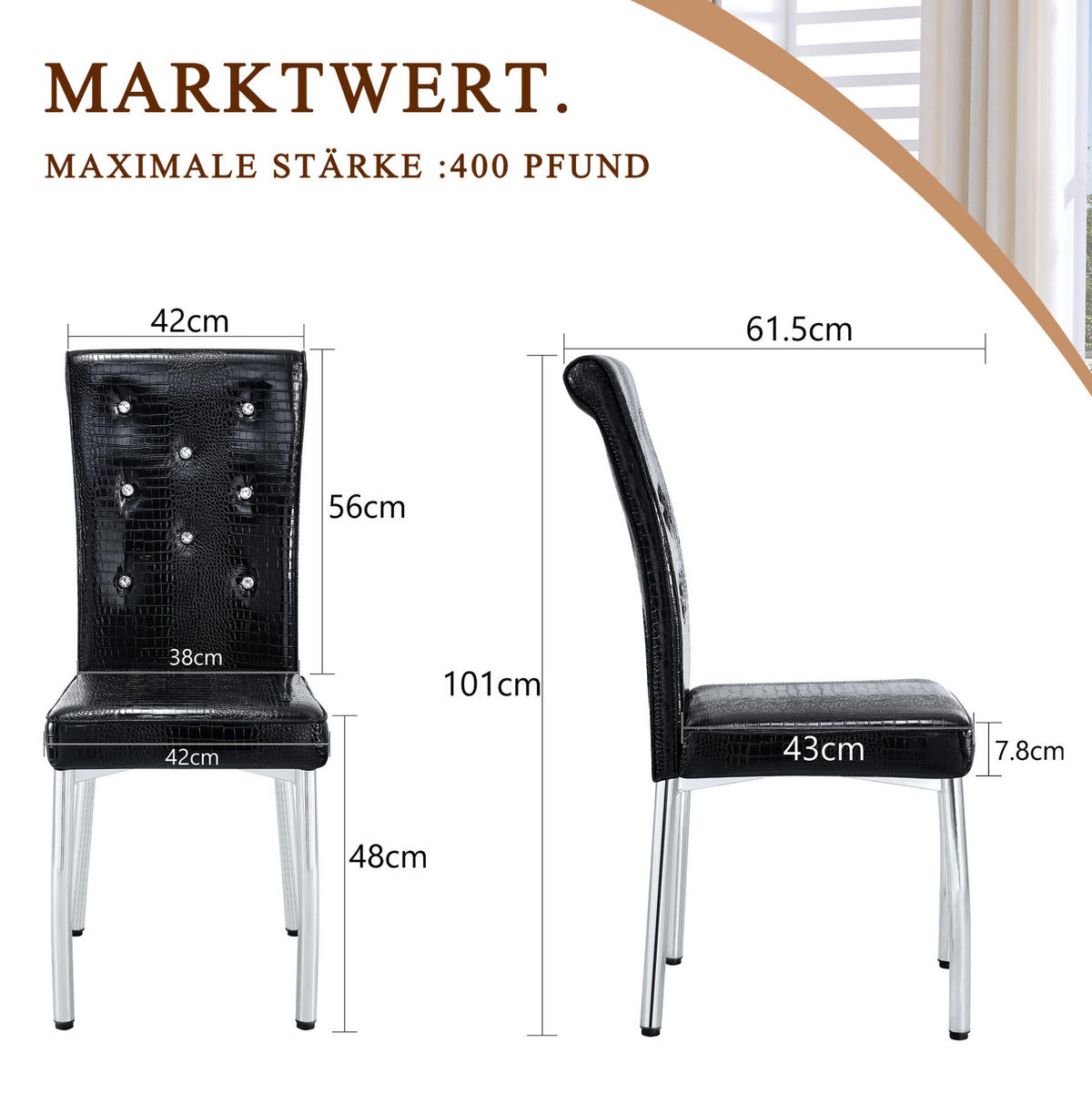 ESSZIMMERSTUHL 4er-Set mit PVC-Bezug und Metallbeinen Schwarz - Silberfarben, Metall (42/101/61.5cm) - Meubliv