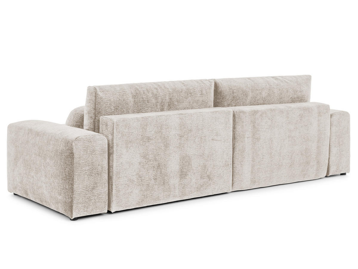 ECKSOFA Puffy mit Schlaffunktion und Bettkasten - besonders weich und puffig aus Beige Stoff mit Chenillestruktur - Ottomane rechts - Beige/Schwarz, Holz/Kunststoff (266/138cm) - S-Style Möbel