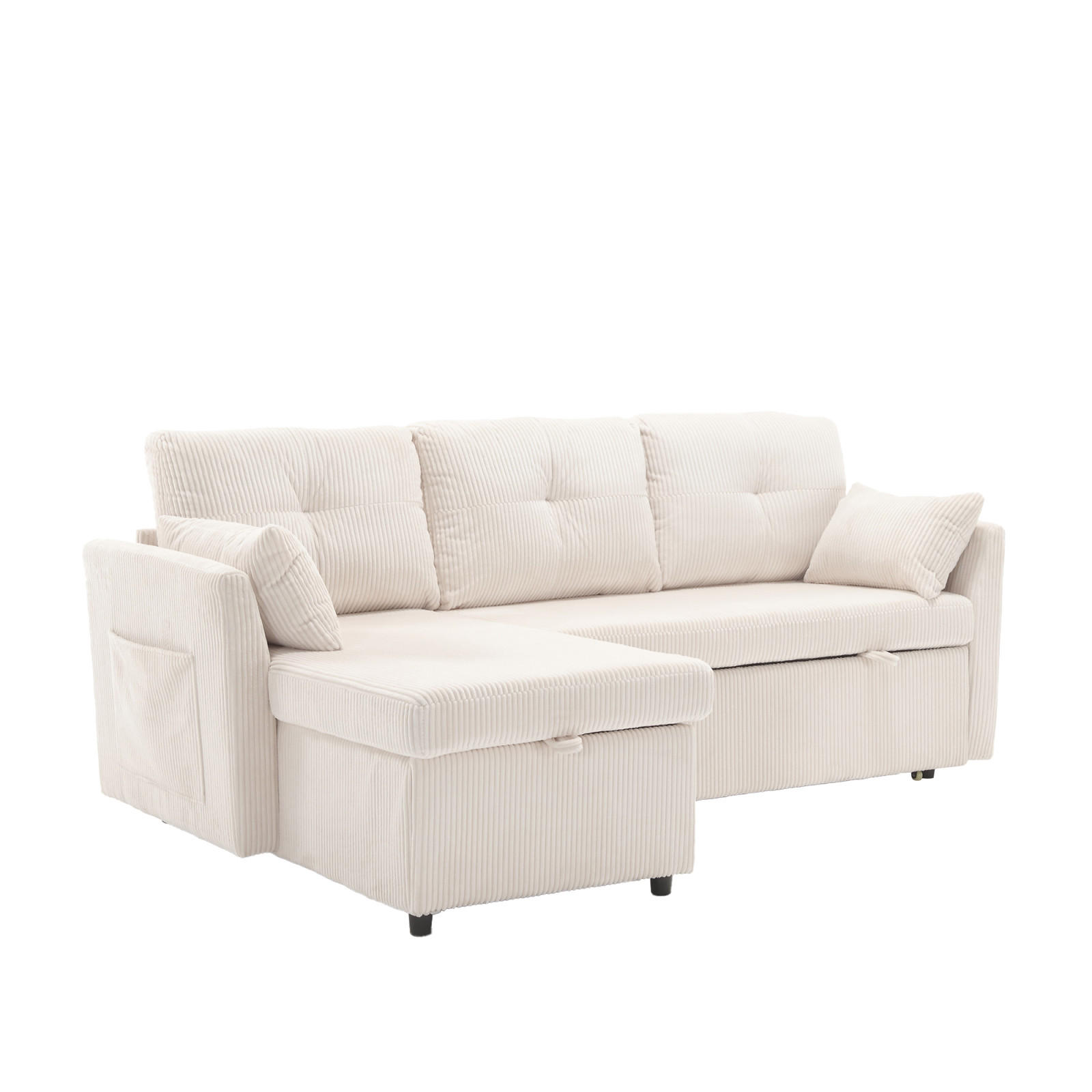 SCHLAFSOFA mit Stauraum, Ausziehbett und wechselbarer Chaiselongue - Beige, Textil (206/88/108cm)