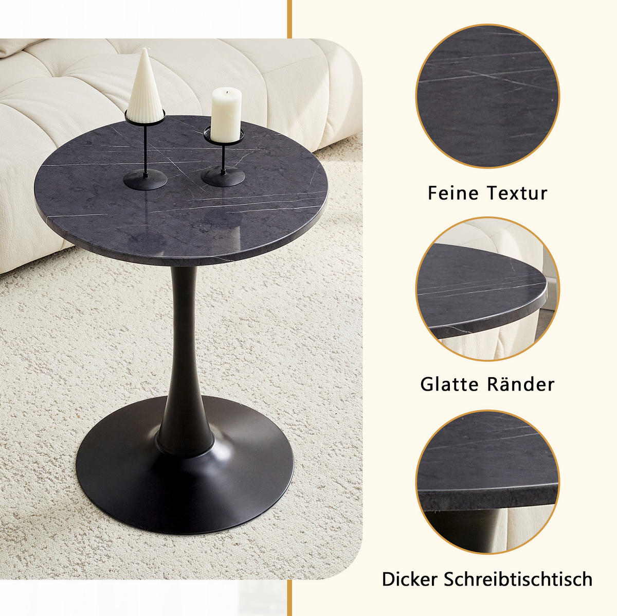 BEISTELLTISCH aus MDF und Metall 60x60x72 cm Schwarz mit Marmor-Optik und thermoformierter Tischplatte - Schwarz, Holzwerkstoff (60/60/72cm) - Modfu