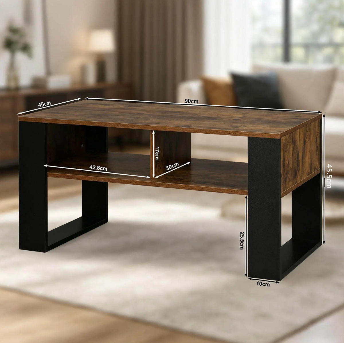 COUCHTISCH 90/45/45 cm schwarz-braun aus Holz mit 2 Fächern - Schwarz, Holz (45/90/45.5cm) - OKWISH