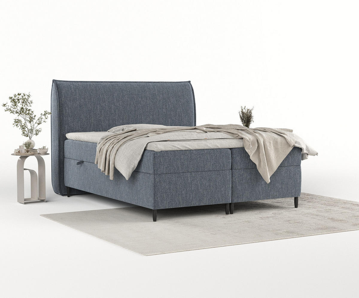 BOXBETT Corvus Blau 160/200 cm mit Bonellmatratze und Topper - Blau/Schwarz, Holz/Holzwerkstoff (160/200cm) - Maison de Reve