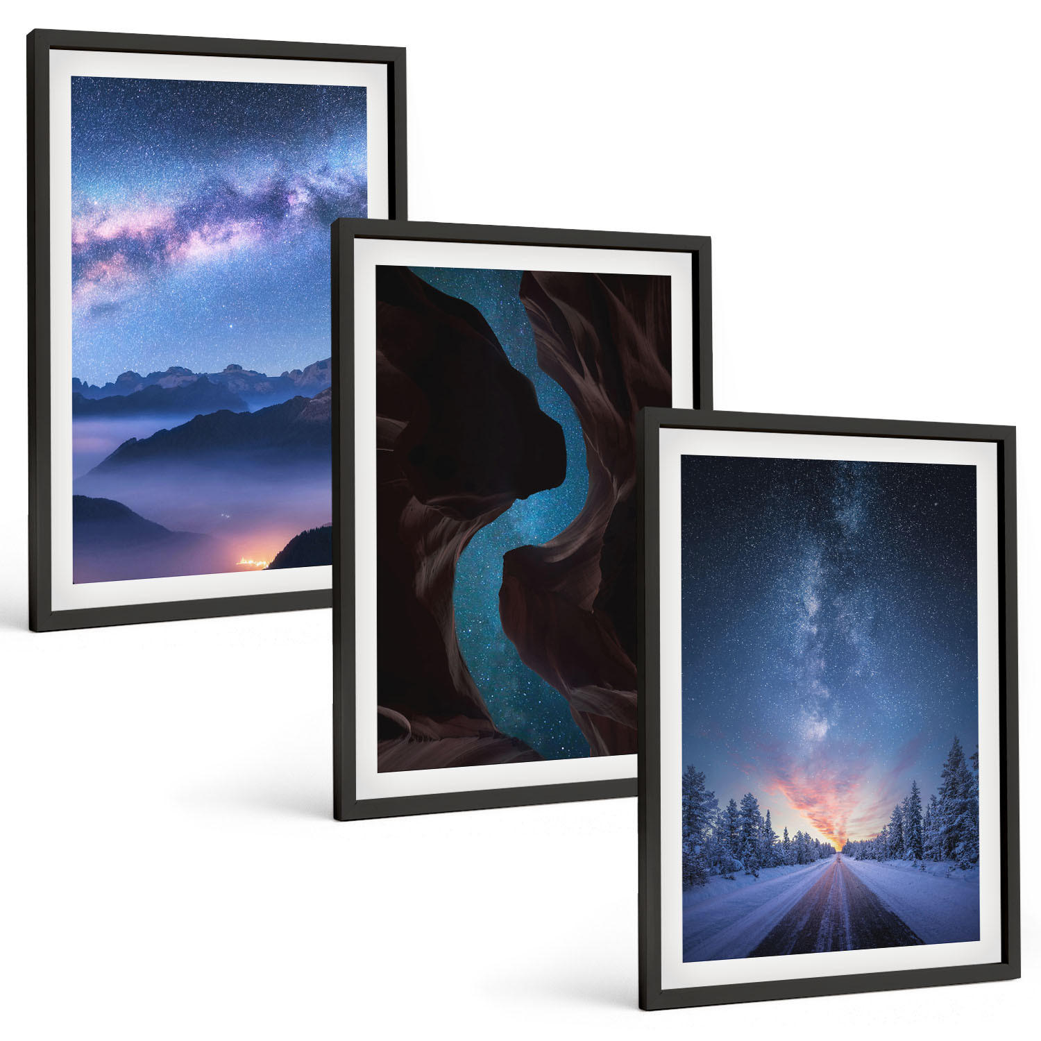 BILDER SET 3er Set - 40x60 cm Schwarzer Rahmen - Nachthimmel, Berge, Winterlandschaft - Schwarz, Kunststoff (40/60cm) - TULUP