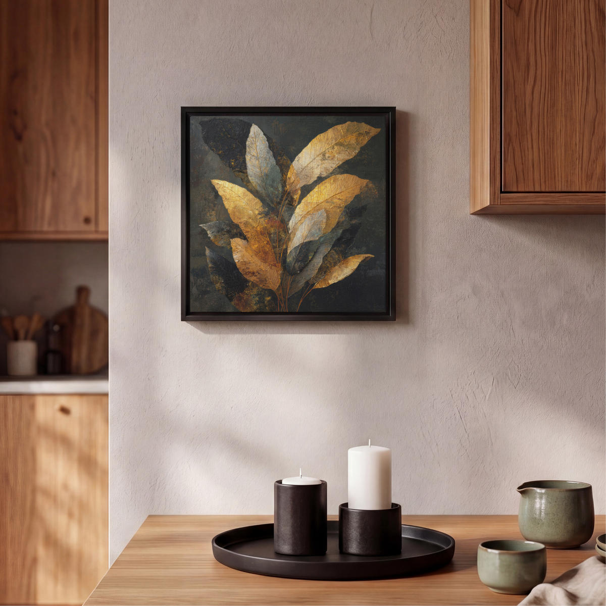 LEINWAND Bilder mit Rahmen - Golden Leaf Komposition - Botanical Luxury - 20x20 - Goldfarben, Textil (20/20cm) - MuchoWow