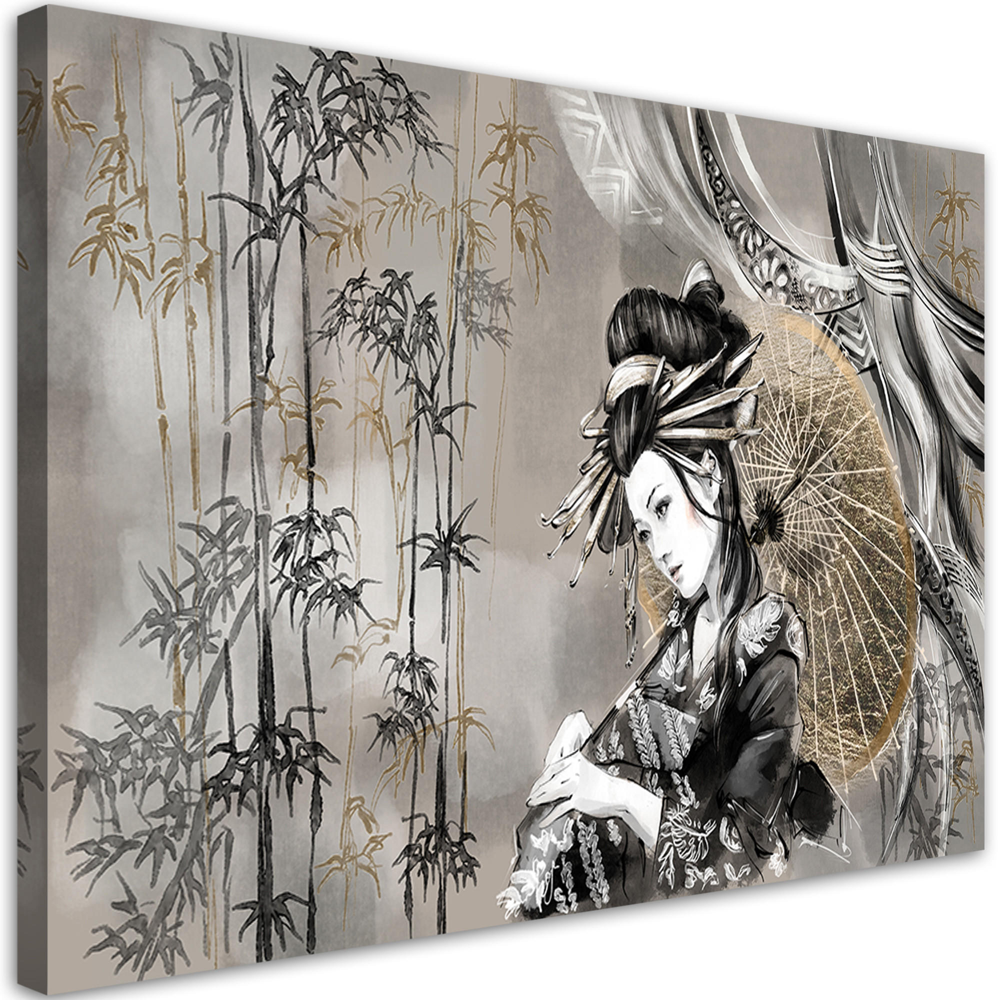 WANDBILD geisha und bambus - Grau, Textil (60/40cm) - Feeby