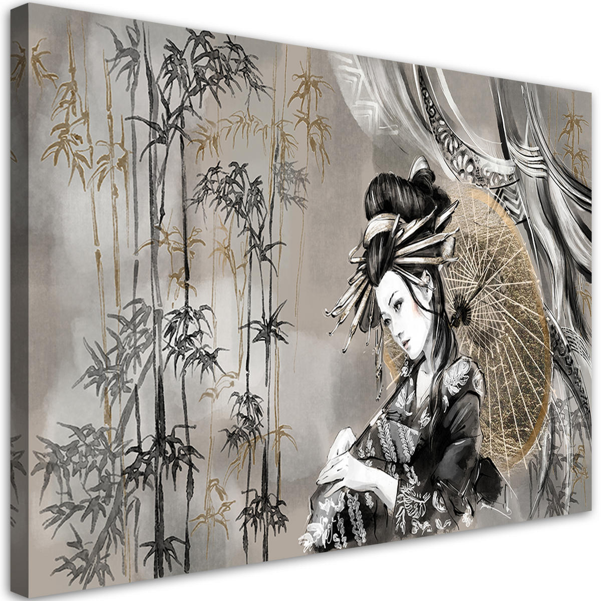 WANDBILD geisha und bambus - Grau, Textil (60/40cm) - Feeby