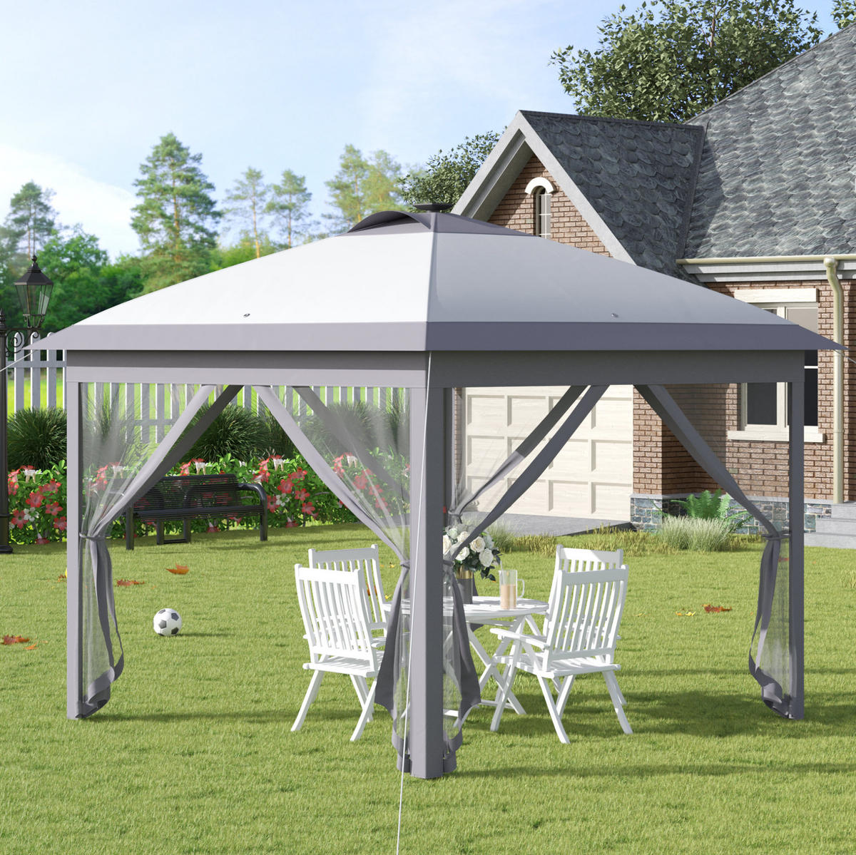 FALTPAVILLON 330/330/288 cm grau aus Metall mit LED und Meshwänden - Grau, Metall (330/288/330cm) - OKWISH
