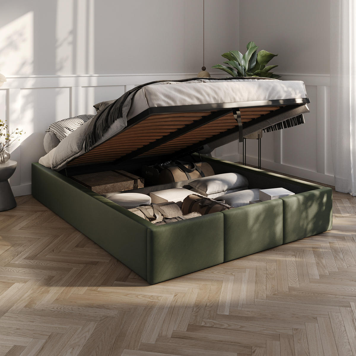 POLSTERBETT für Schlafzimmer Bett mit Stauraum Khaki 140x200cm - Olivgrün, Holzwerkstoff/Textil (160/200cm) - Muralo