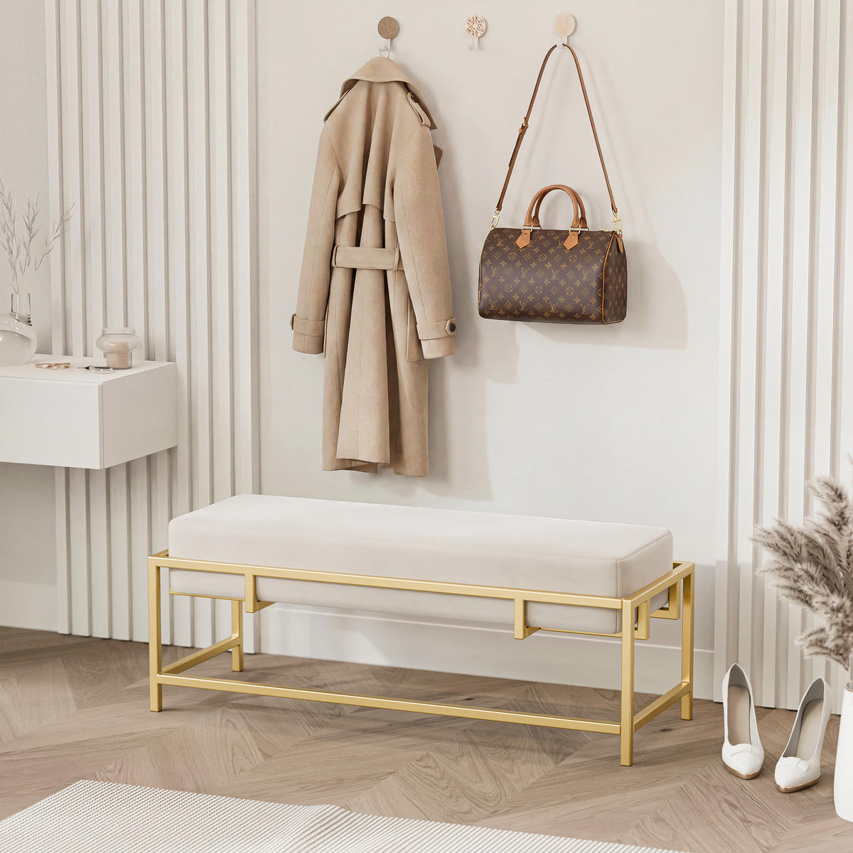 POLSTERBANK GLAM 80 cm Gold / Creme ,Metallgestell - Creme, Metall (80/45/35cm) - Idohome