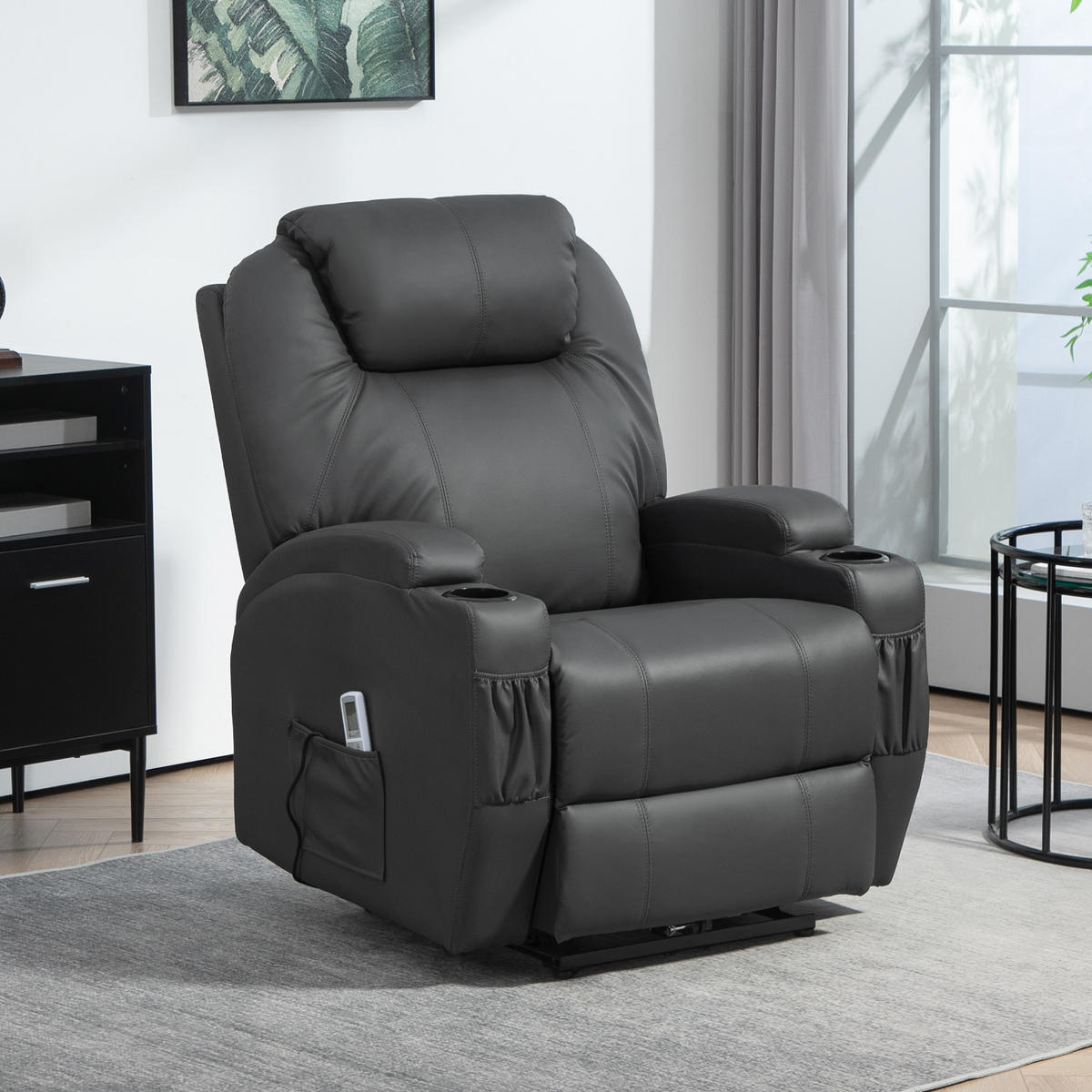 RELAXSESSEL mit Massagefunktion, Elektrisch Fernsehsessel mit Liegefunktion - Dunkelgrau/Schwarz, Leder (97/110/82cm) - HOMCOM