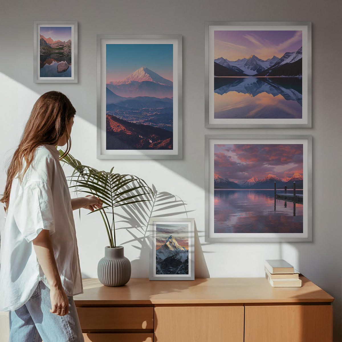 WANDBILDER 5er Set - 50x50 cm & 20x30 cm & 40x60 cm Silberner Rahmen - Nachtstadt mit Neonlichtern - Silberfarben, Kunststoff (40/60cm) - ArtPrintCave