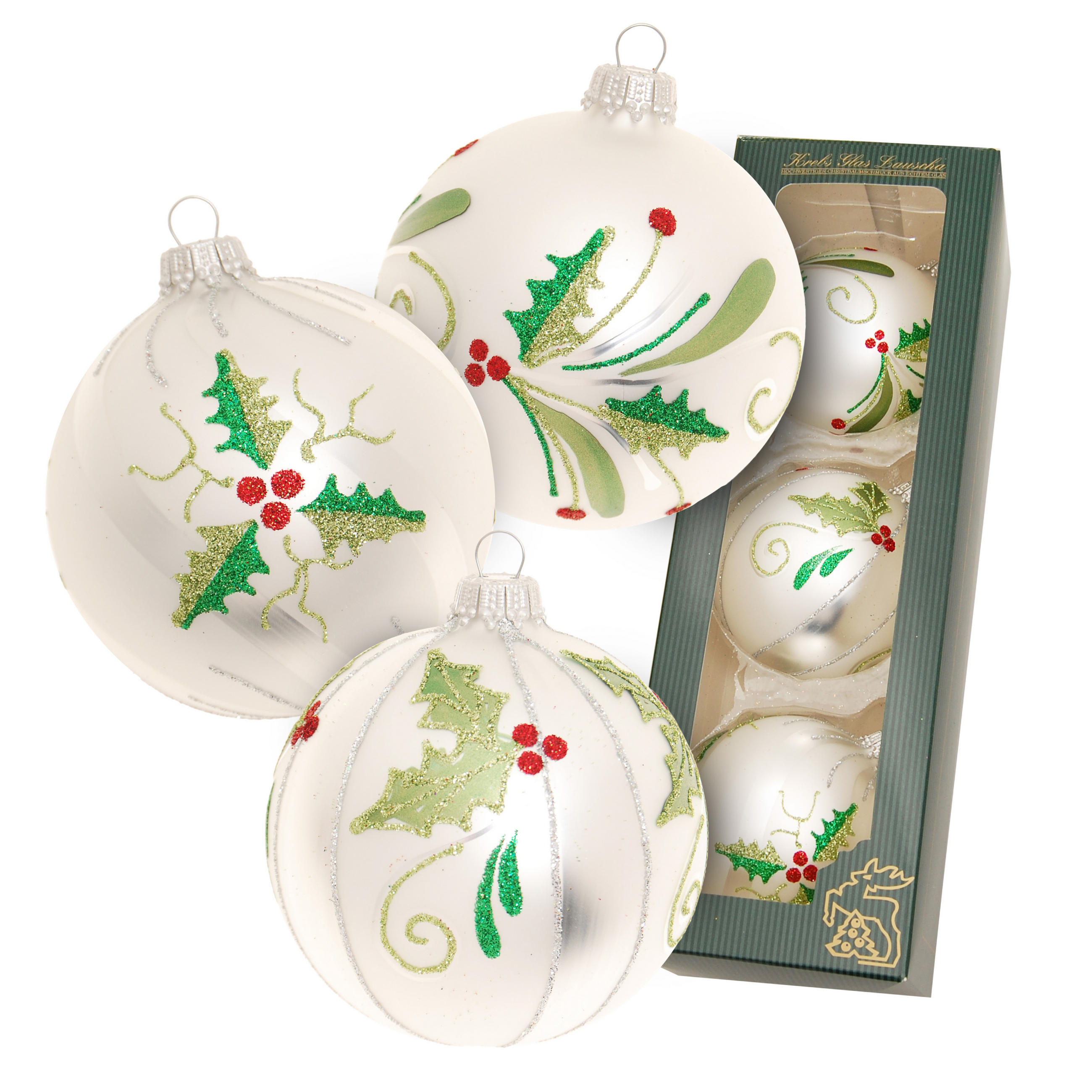 CHRISTBAUMKUGELN Ilex-Gartentraum Silberfarbig 8cm (Glas / 3 Stk.) - Silberfarben, Glas (7/8/7cm) - Krebs Glas Lauscha
