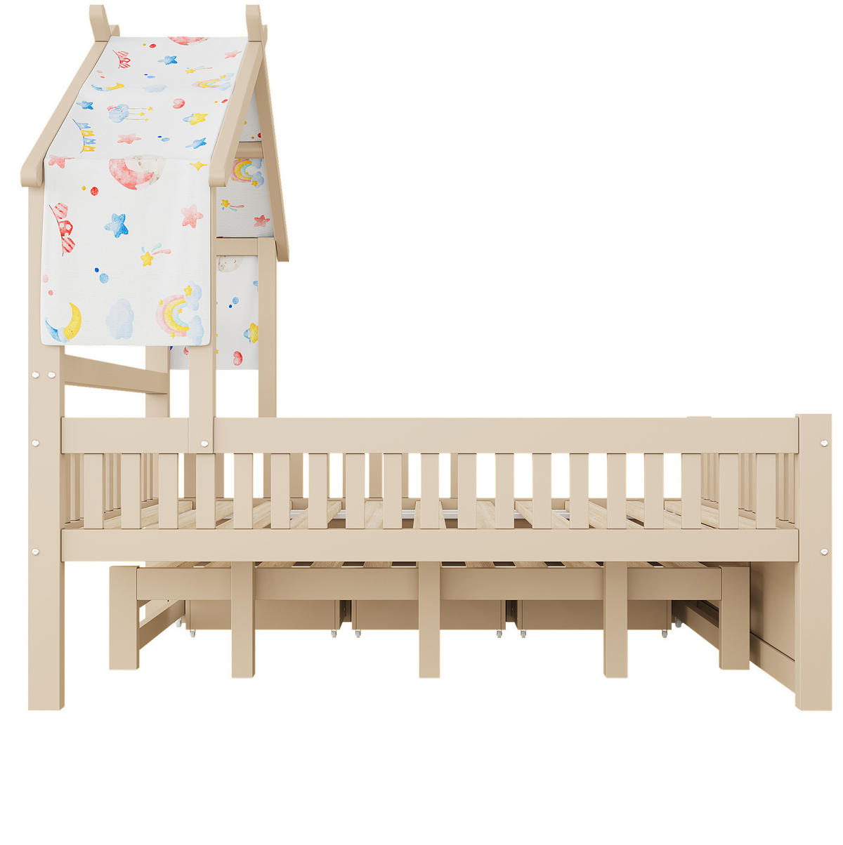 HAUSBETT 140x200 cm in Creme mit Ausziehbett, 3 Schubladen und Schutzgitter - Creme, Holzwerkstoff (140/200cm) - IVMEU