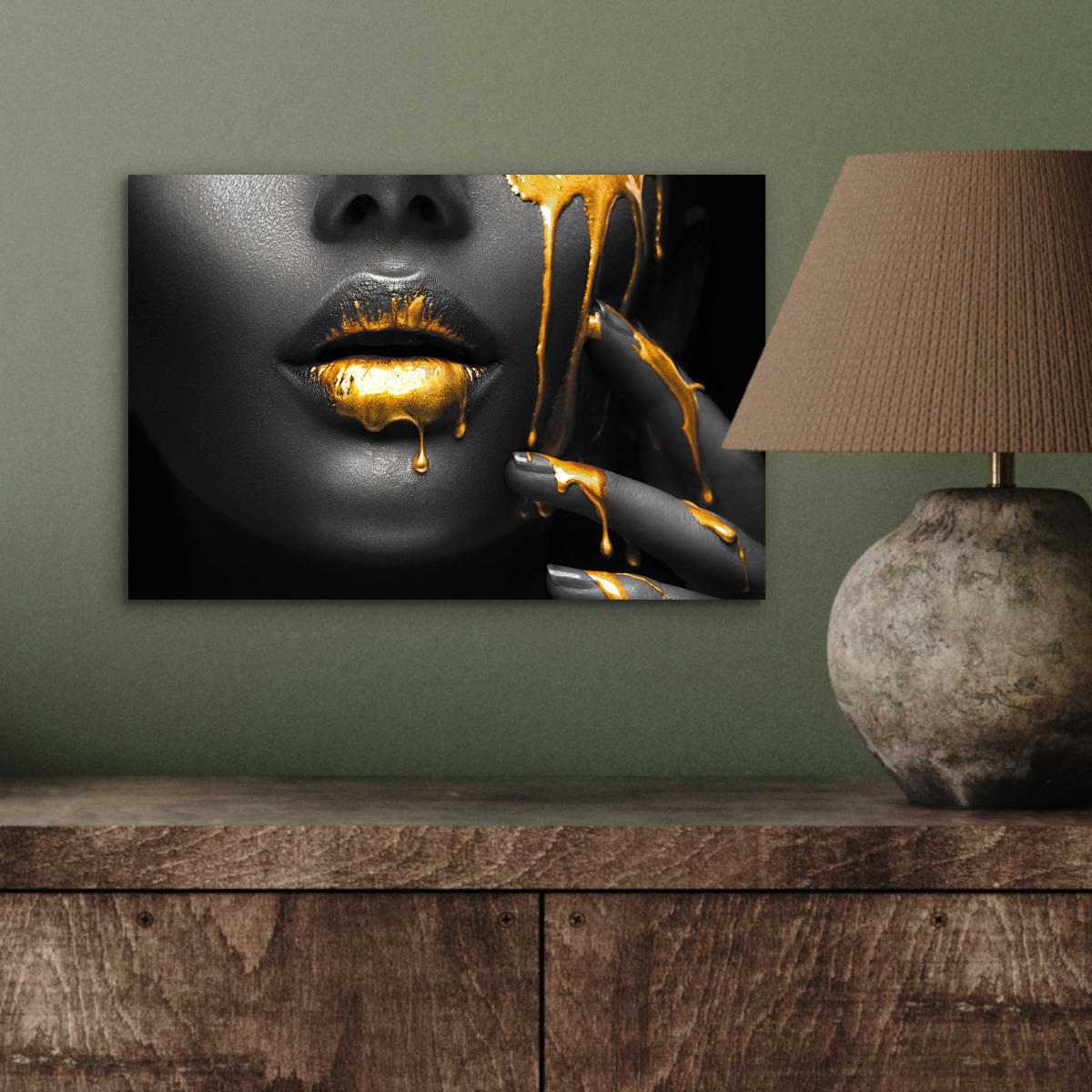 METALLBILD Frau - Schwarz - Gold - Gesicht - Lippen 30x20 cm - Goldfarben, Metall (30/20cm) - MuchoWow