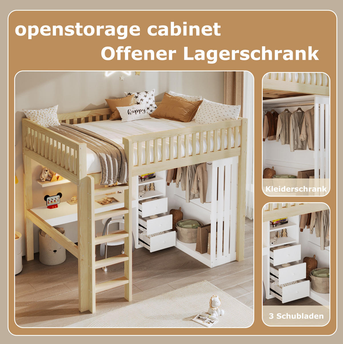 HOCHBETT 140/200 cm Natur aus Kiefernholz und MDF mit Schreibtisch - Naturfarben, Holz (140/200cm) - OKMYHOME