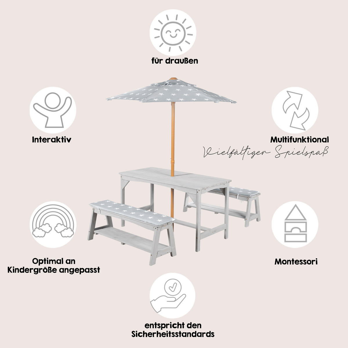 KINDERSITZGRUPPE mit Sitzauflage und Schirm grau - Hellgrau, Holz - Roba