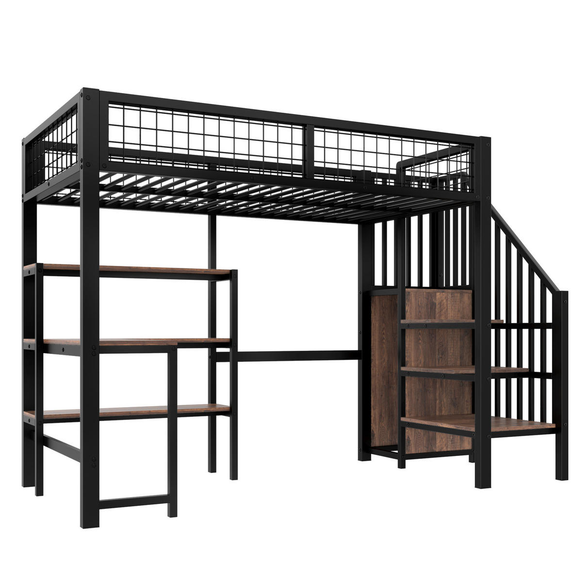 HOCHBETT 90/200 cm mit Schreibtisch, Regalen und Kleiderschrank aus Metall und MDF, Schwarz/Braun - Schwarz, Holzwerkstoff (90/200cm) - Redom