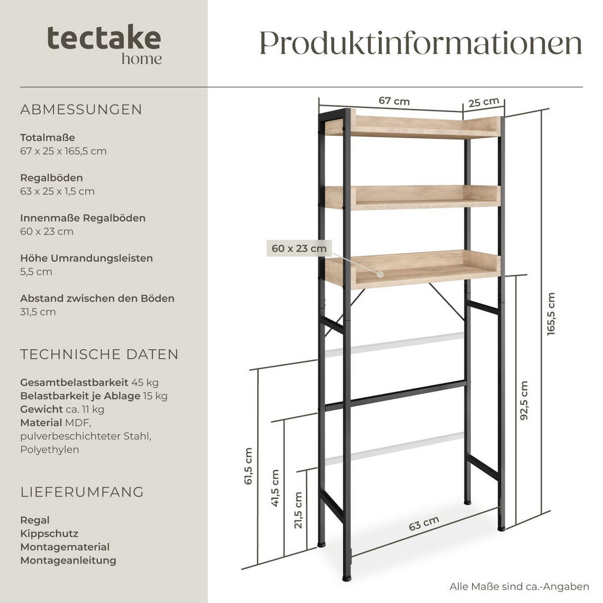 BADEZIMMERREGAL Seattle,inklusive Kippschutz,Industrial Holz hell, Eiche Sonoma - Naturfarben, Holz (63/165/25cm) - tectake
