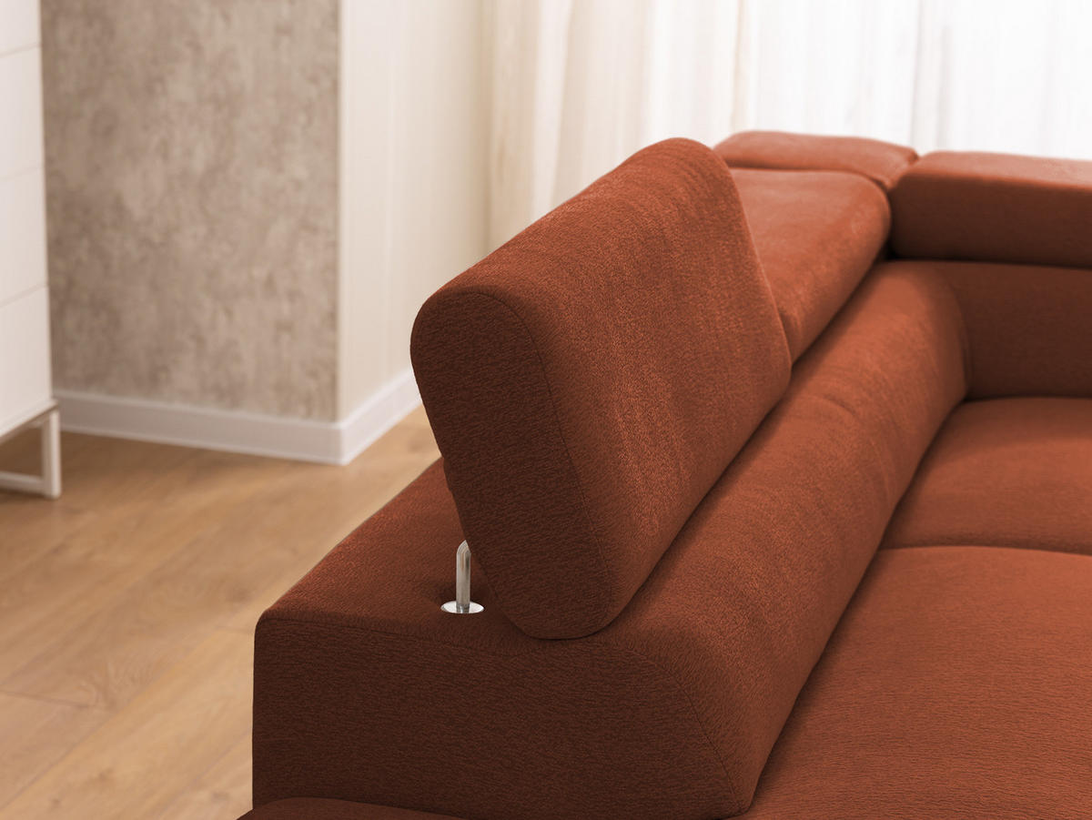 ECKSOFA mit Schlaffunktion und Bettkasten Bonnie aus Terrakotta Chenille-Stoff mit verstellbaren Kopfstützen und Armlehne - Ottomane links - Terracotta/Schwarz, Holz/Textil (275/210cm) - S-Style Möbel