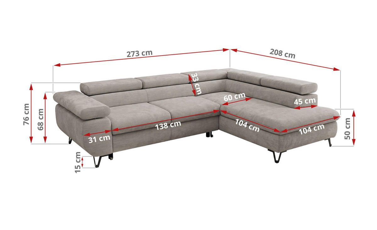 ECKSOFA PABLO L Hellgrau Schenille glatt - Links Seite - Hellgrau/Schwarz, Textil/Metall (208/273cm) - MKS