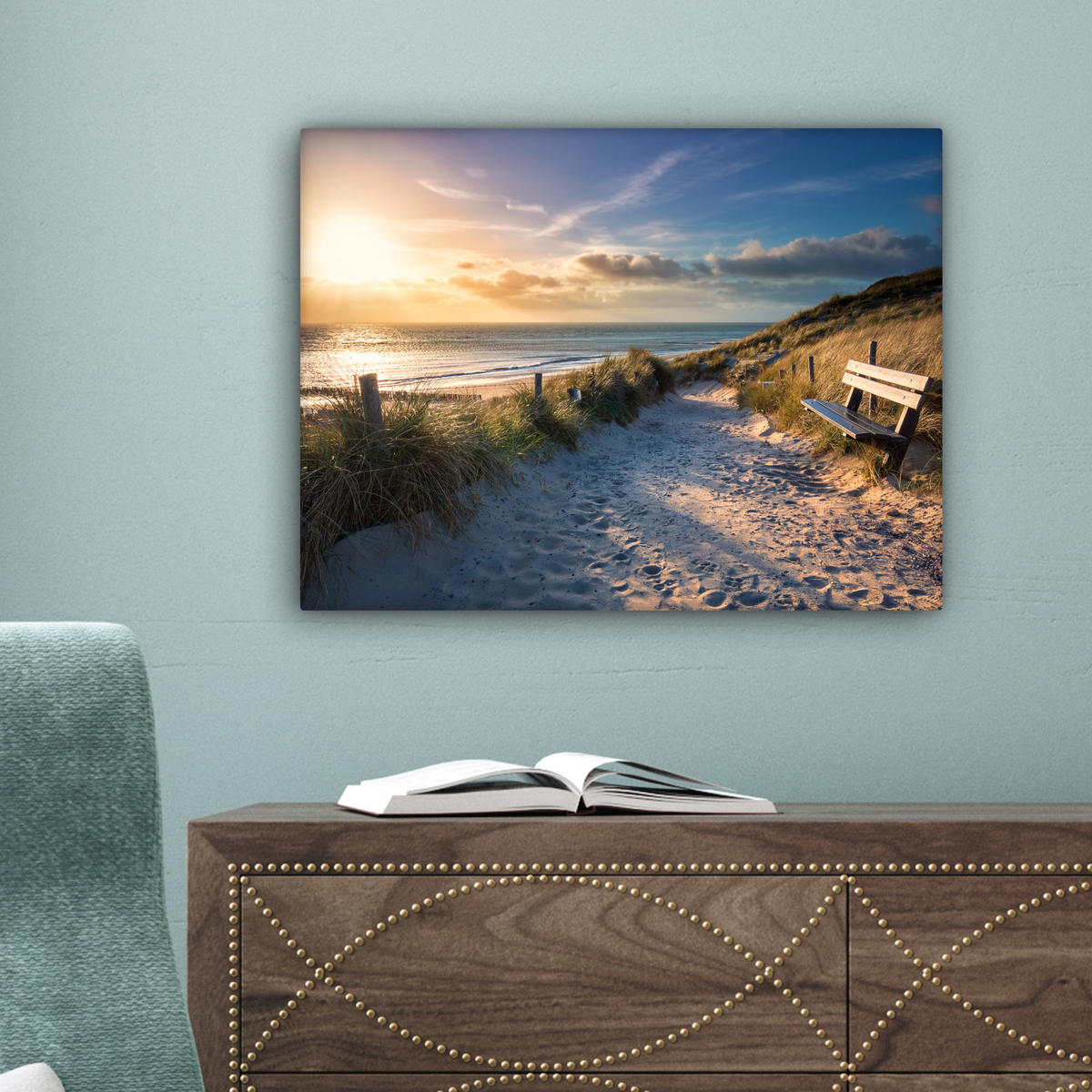 LEINWANDBILD - Sonnenuntergang - Strand - Düne - Gras - Ufer - 40x30 - Wanddeko - Sandfarben, Textil (40/30cm) - MuchoWow