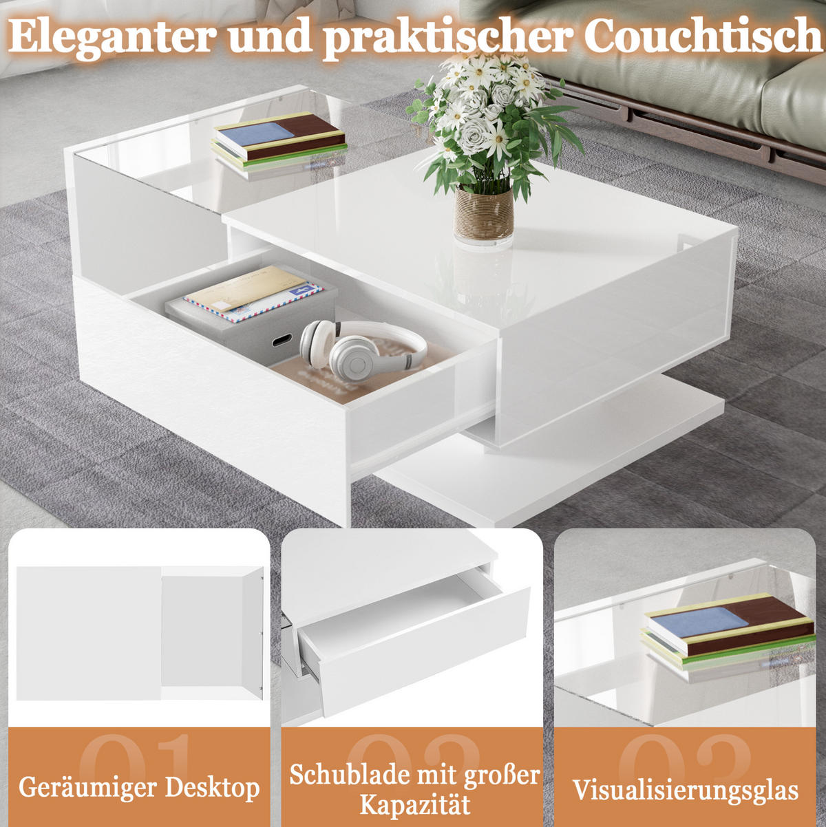 COUCHTISCH 105/55/32.5 cm Weiß aus Spanplatte mit Glasplatte und LED-Beleuchtung - Weiß, Holzwerkstoff (105/55/32.5cm) - OKMYHOME