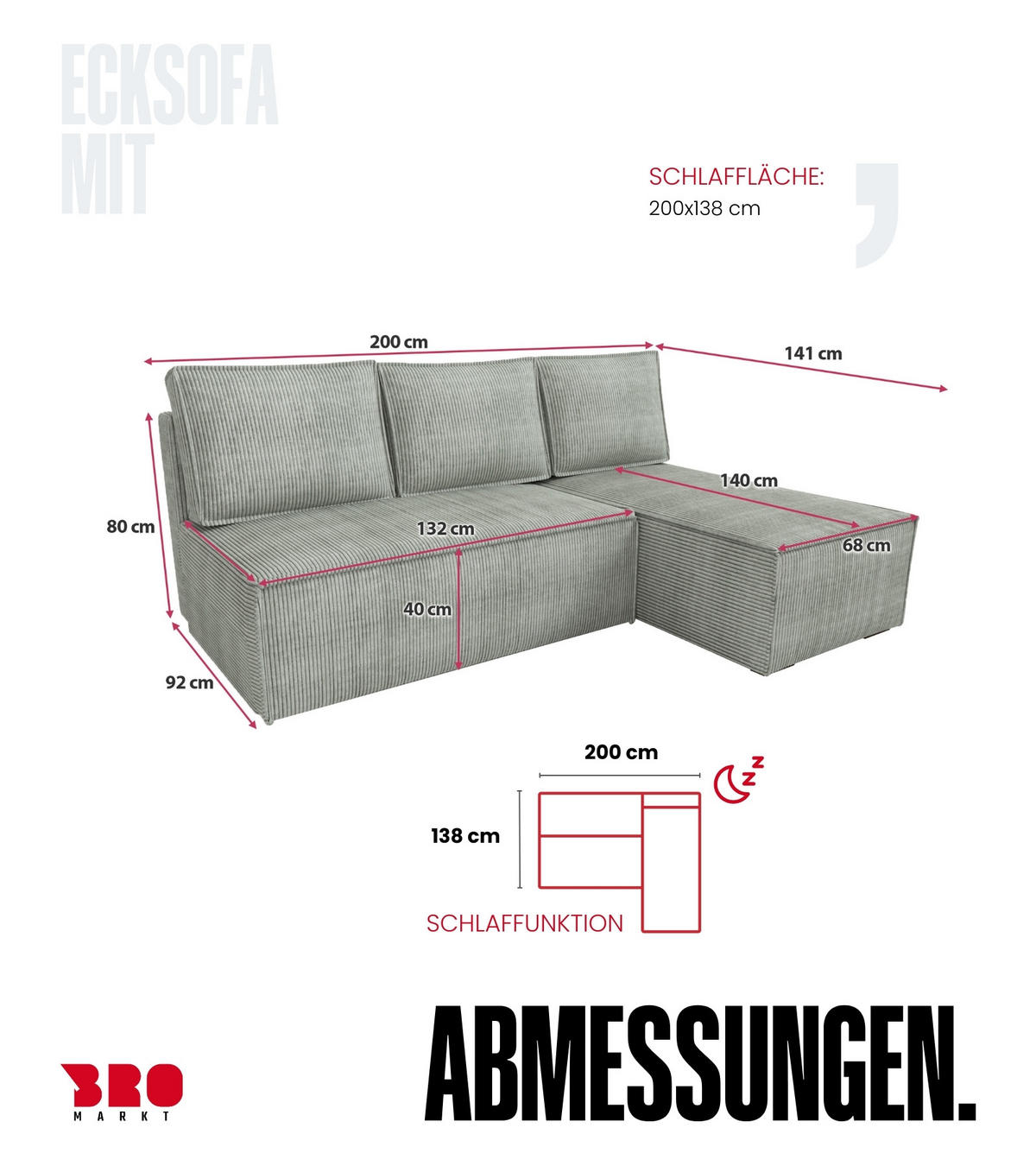 ECKSOFA Hector mit Schlaffunktion Grau Cord - Hellgrau, Textil (200/141cm) - Bromarkt