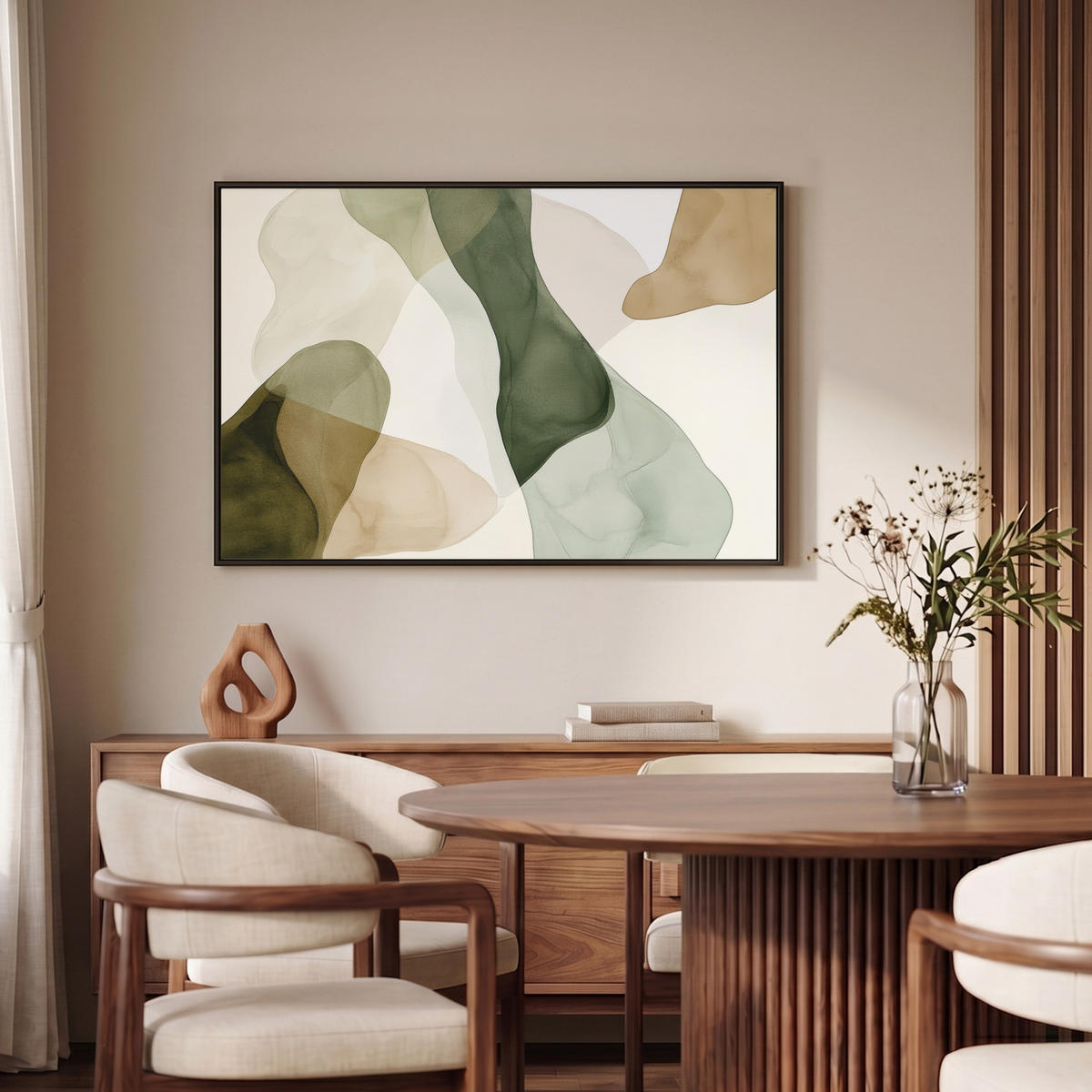 LEINWAND Bilder mit Rahmen - Japandi - Abstrakt - Grün - 90x60 - Salbeigrün, Textil (90/60cm) - MuchoWow