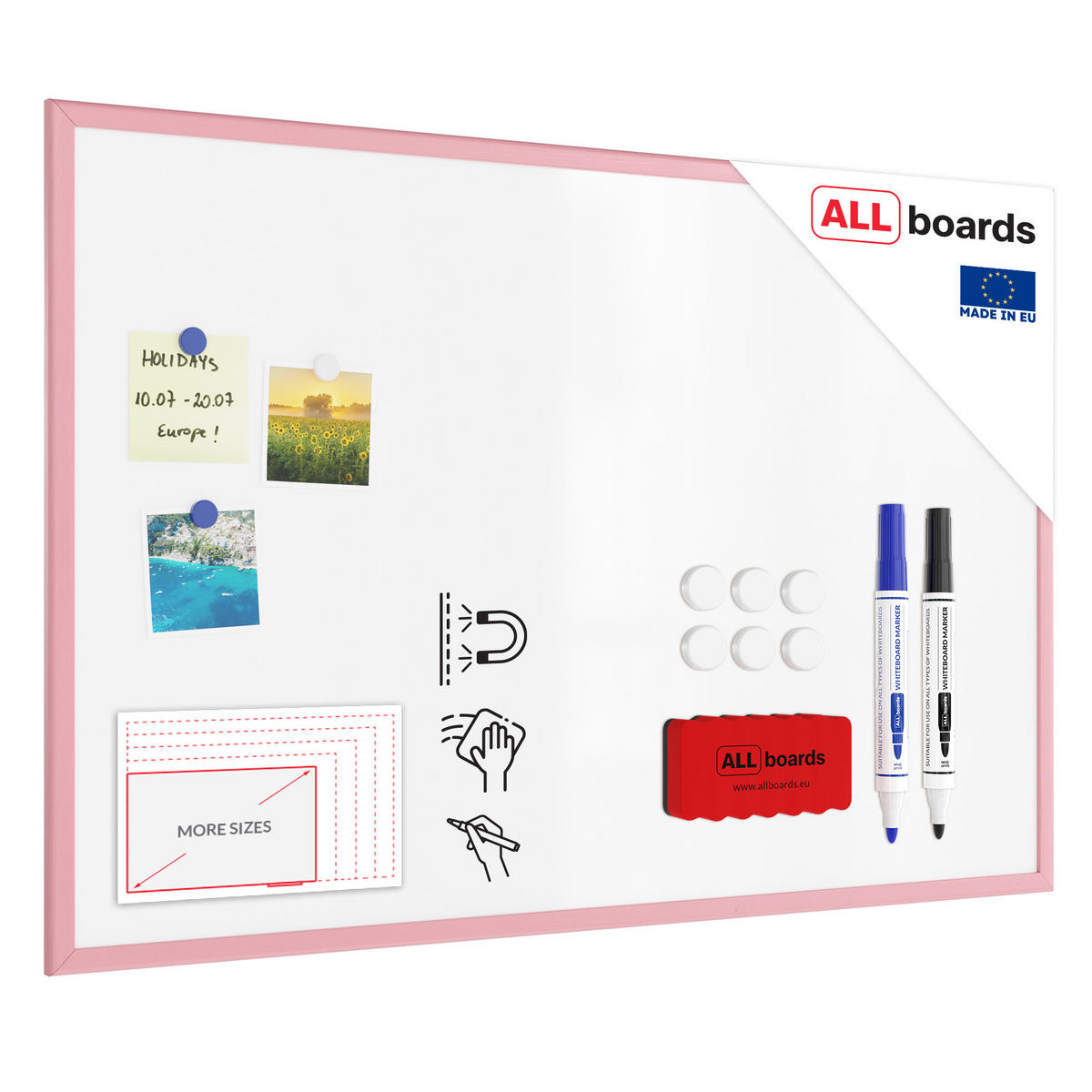 MAGNETISCHES Whiteboard mit rosafarbenem Holzrahmen 90x60cm - Pink, Metall (90/60/1.5cm) - ALLboards