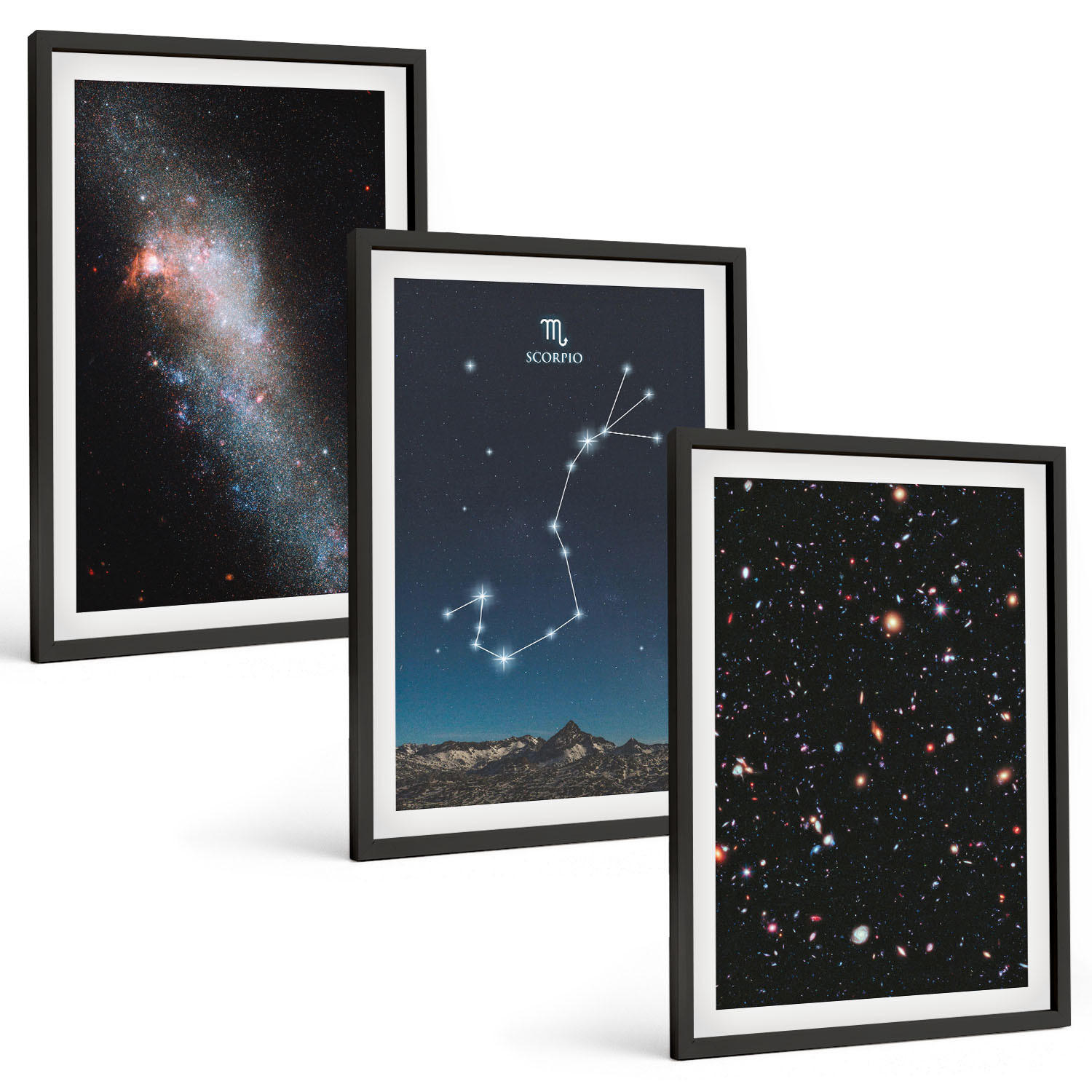 BILDER SET 3er Set - 40x60 cm Schwarzer Rahmen - Scorpios kosmische Landschaften - Schwarz, Kunststoff (40/60cm) - TULUP
