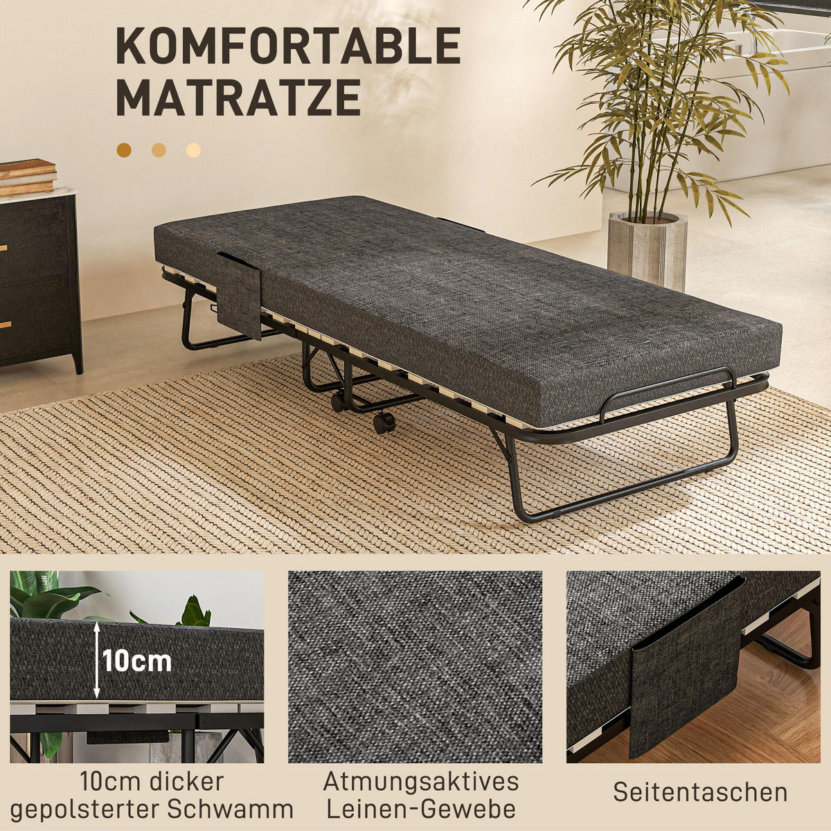 KLAPPBETT Gästebett mit Rollen, 10 cm Matratze, Abdeckung, Seitentasche, Grau - Dunkelgrau, Kunststoff - HOMCOM
