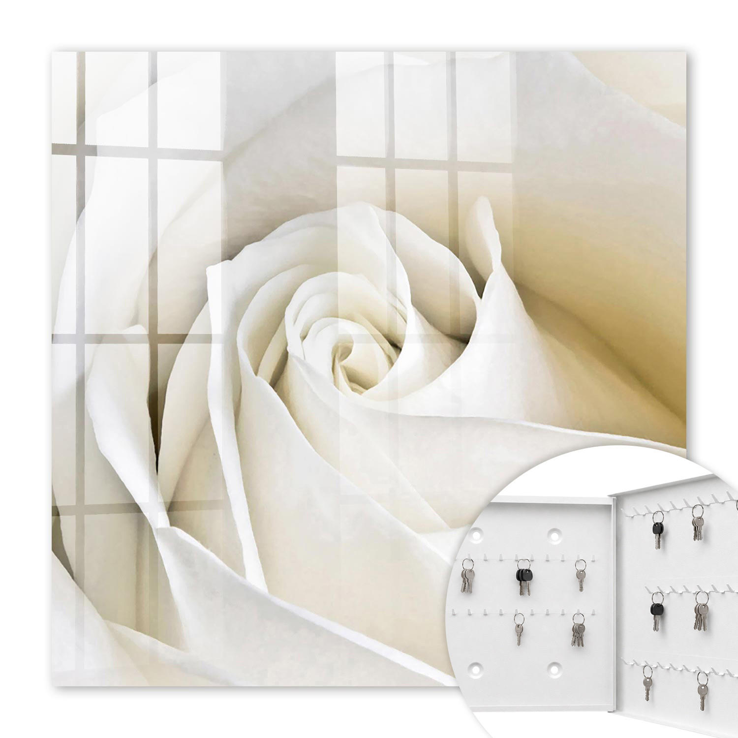 SCHLÜSSELBOX Weiß 30x30 cm – Türöffnung nach rechts - Weiße Rose - Weiß, Metall (30/30/5cm) - TULUP